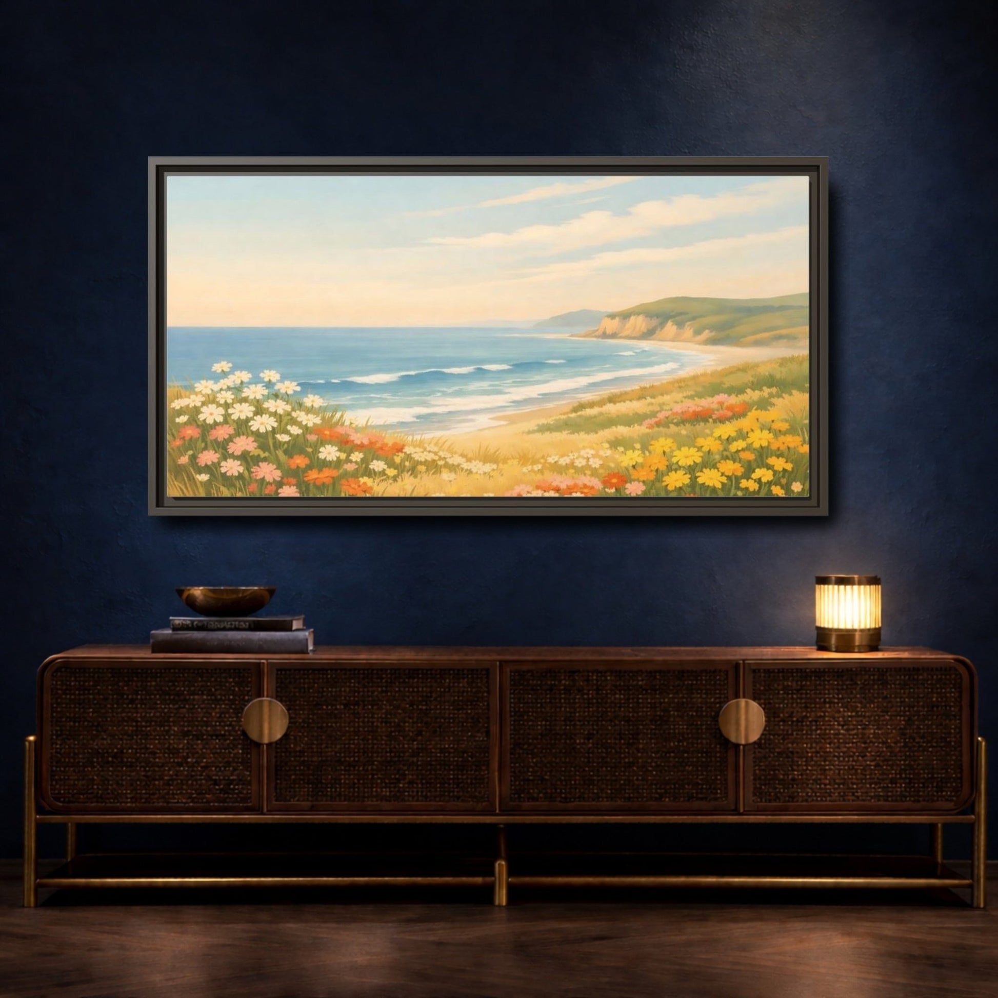 Landscape Nature Coastal Wildflowers - Framed Canvas Wall Art Print - YesArtYes