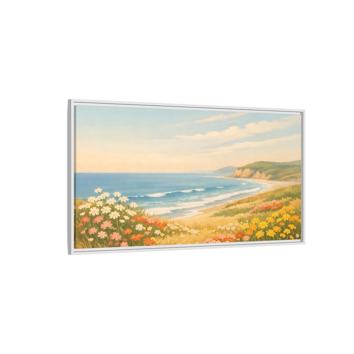 Landscape Nature Coastal Wildflowers - Framed Canvas Wall Art Print - YesArtYes