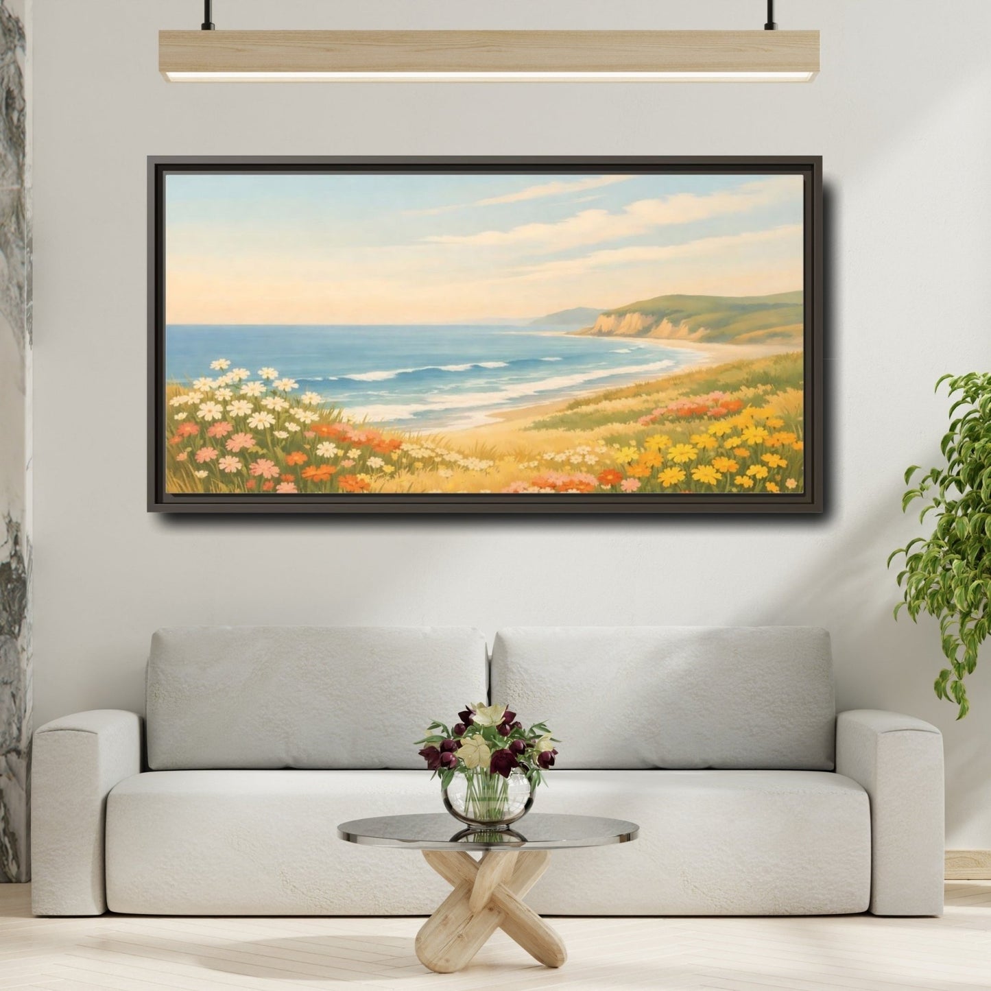 Landscape Nature Coastal Wildflowers - Framed Canvas Wall Art Print - YesArtYes