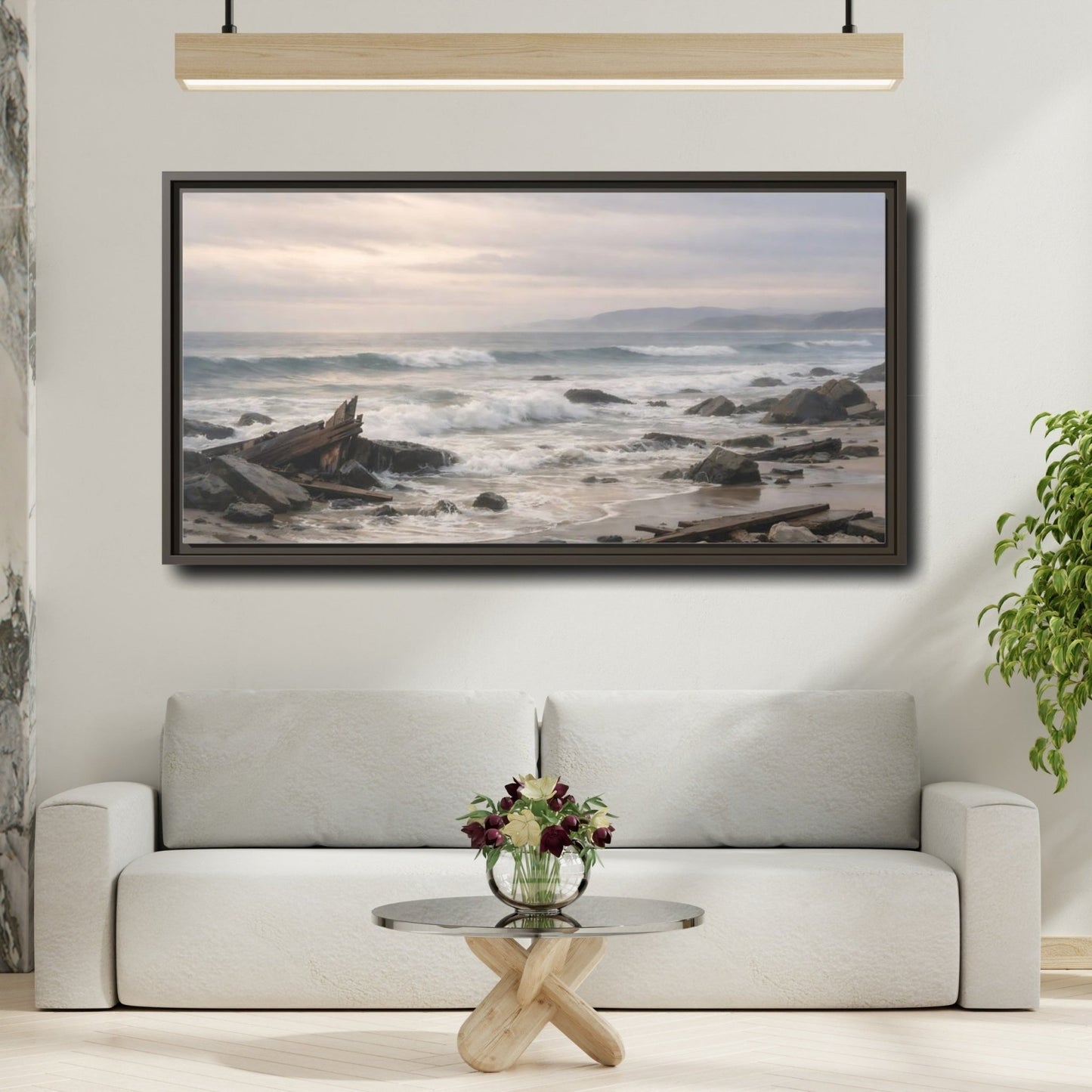 Landscape Nature Coastal Wreckage Misty Scene - Framed Canvas Wall Art Print - YesArtYes