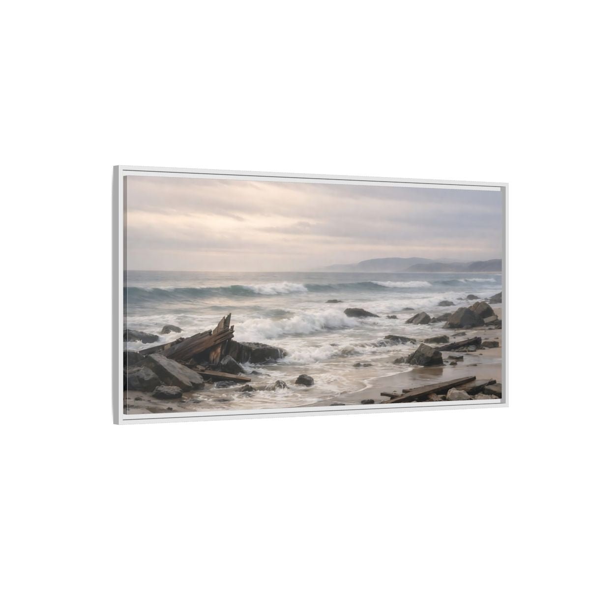 Landscape Nature Coastal Wreckage Misty Scene - Framed Canvas Wall Art Print - YesArtYes