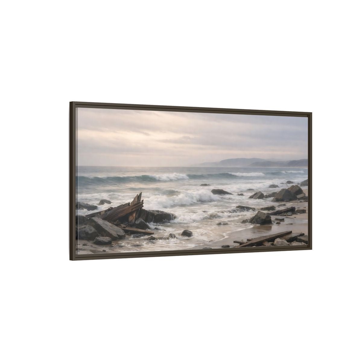 Landscape Nature Coastal Wreckage Misty Scene - Framed Canvas Wall Art Print - YesArtYes
