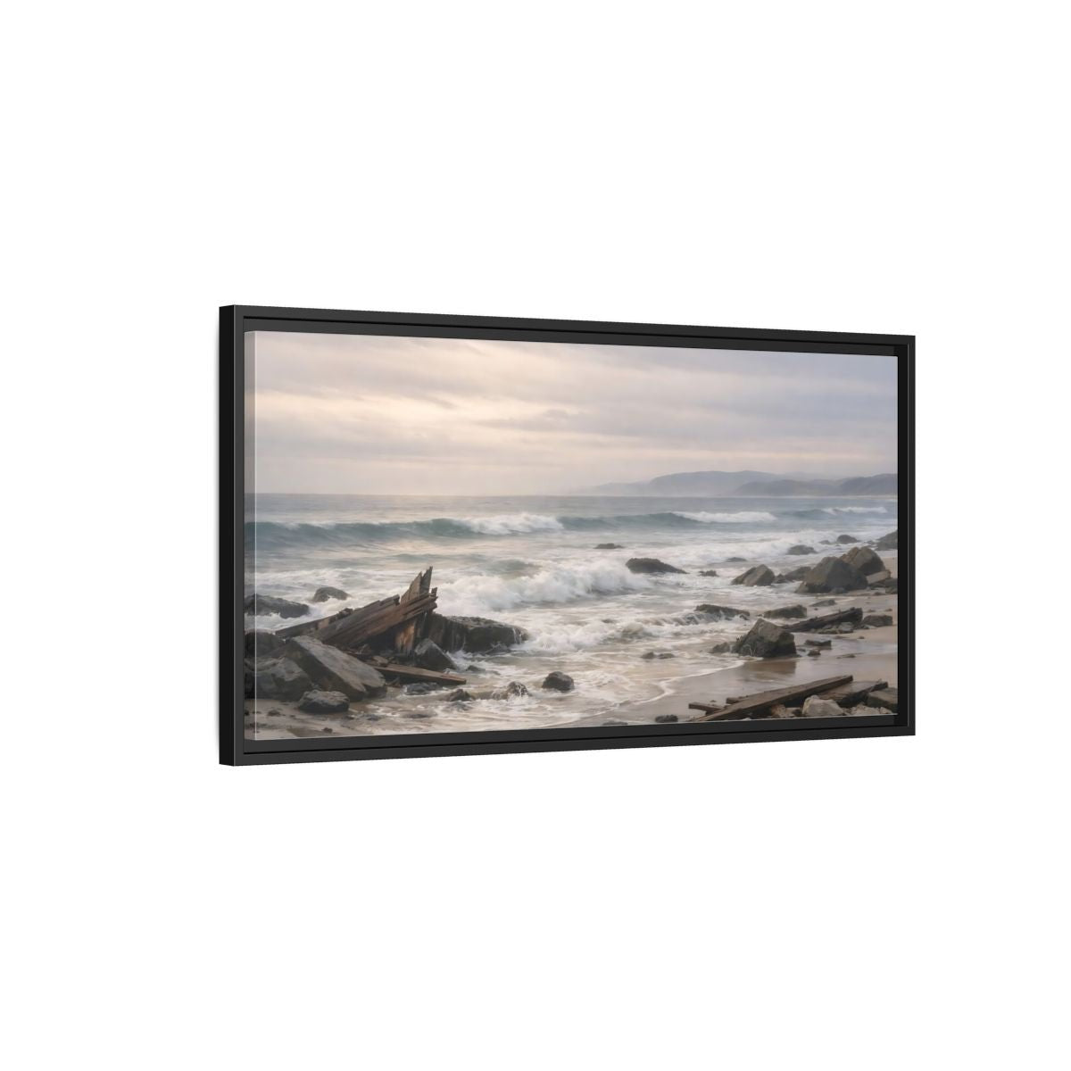 Landscape Nature Coastal Wreckage Misty Scene - Framed Canvas Wall Art Print - YesArtYes