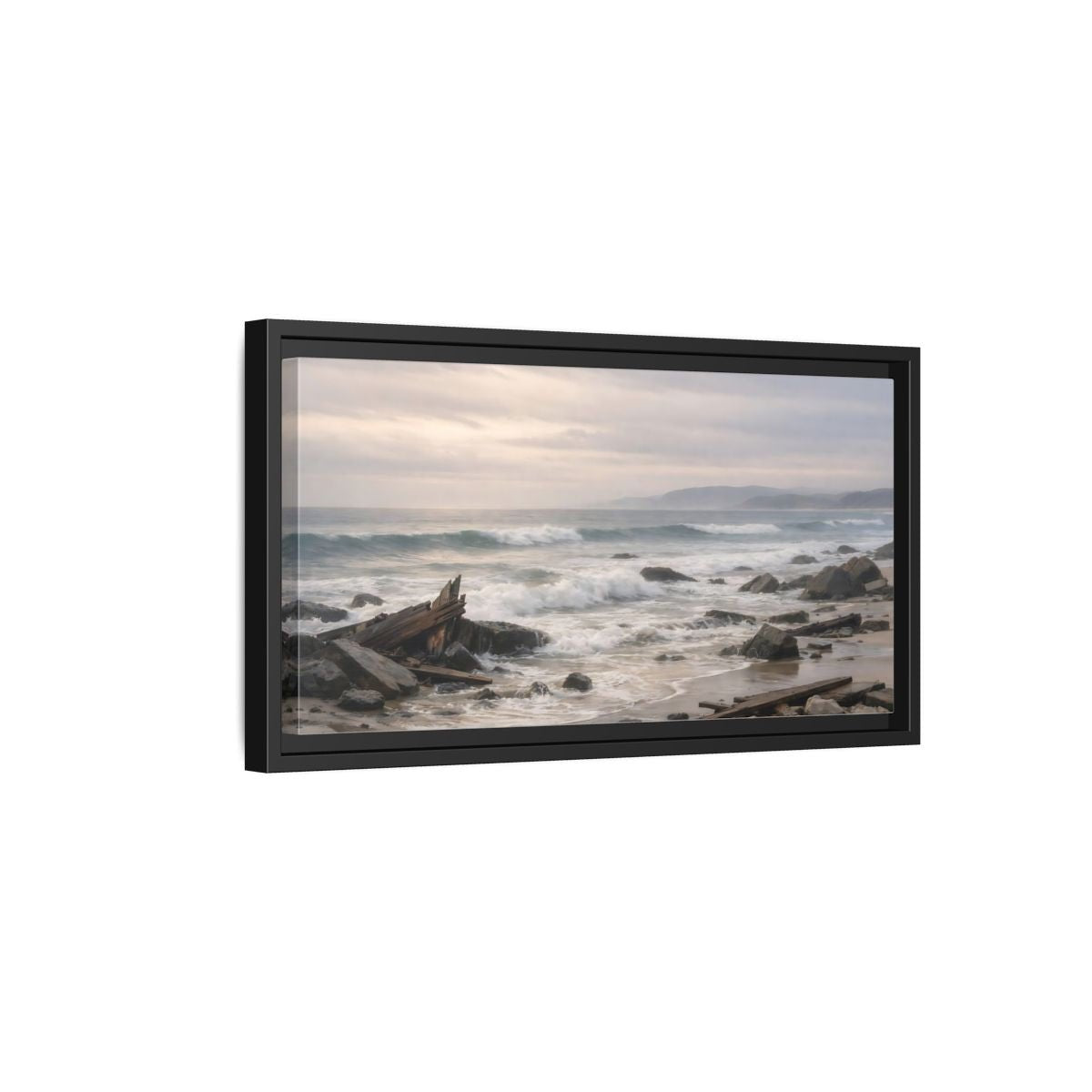 Landscape Nature Coastal Wreckage Misty Scene - Framed Canvas Wall Art Print - YesArtYes