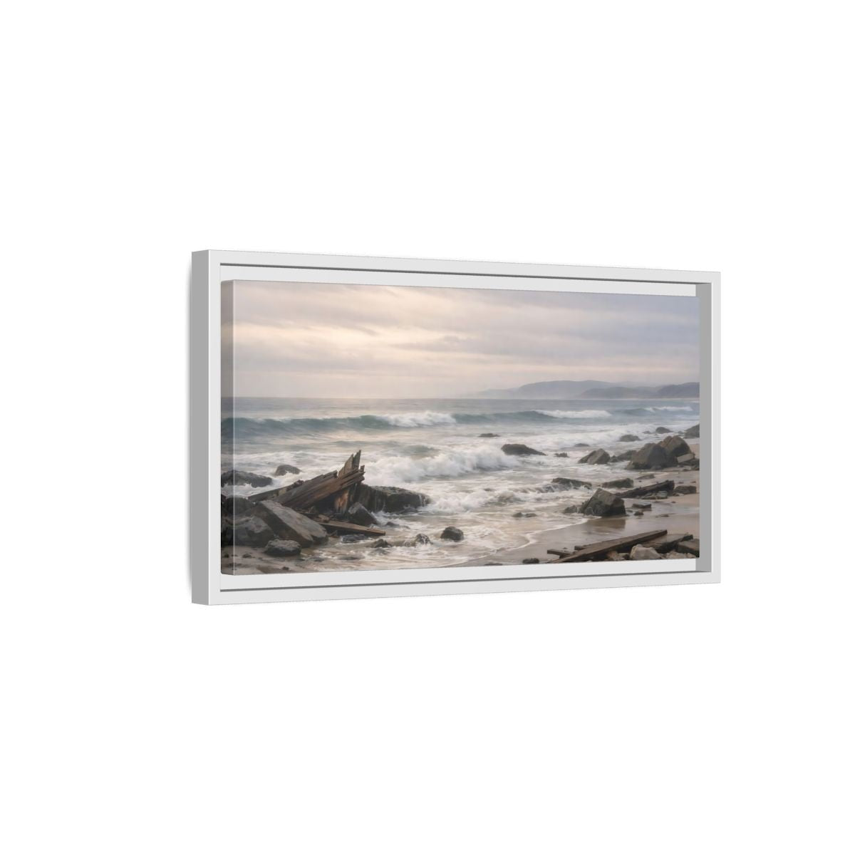 Landscape Nature Coastal Wreckage Misty Scene - Framed Canvas Wall Art Print - YesArtYes