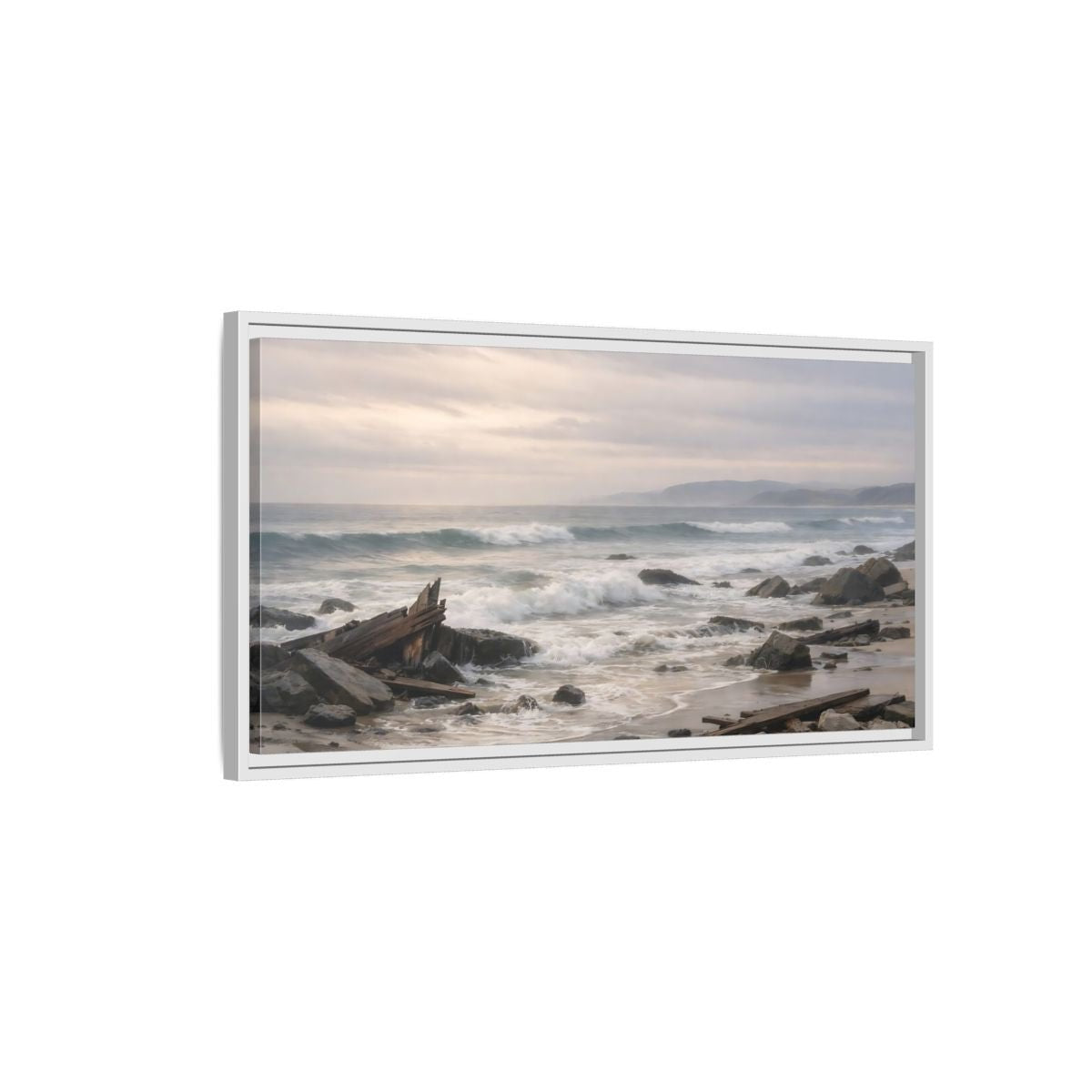 Landscape Nature Coastal Wreckage Misty Scene - Framed Canvas Wall Art Print - YesArtYes