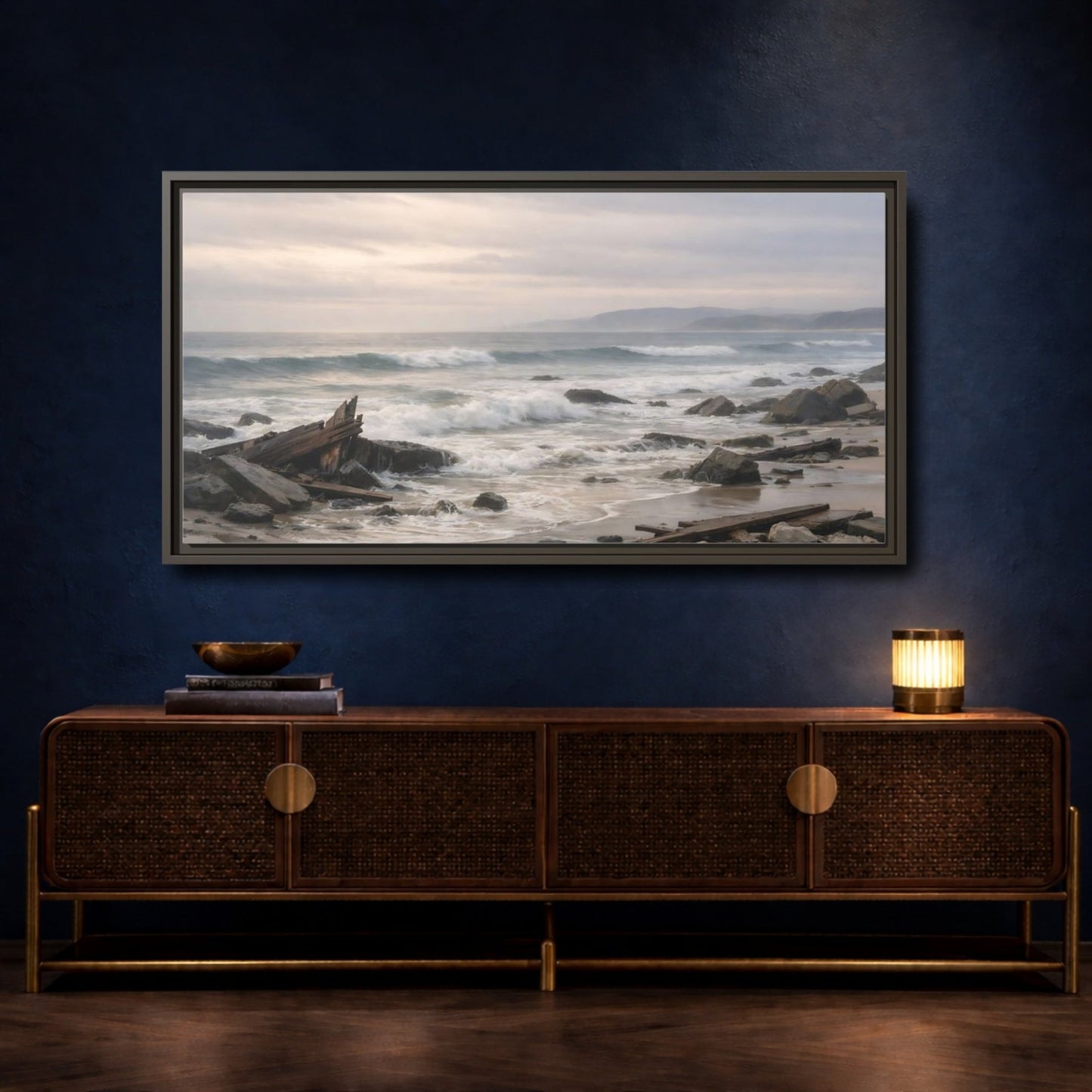 Landscape Nature Coastal Wreckage Misty Scene - Framed Canvas Wall Art Print - YesArtYes