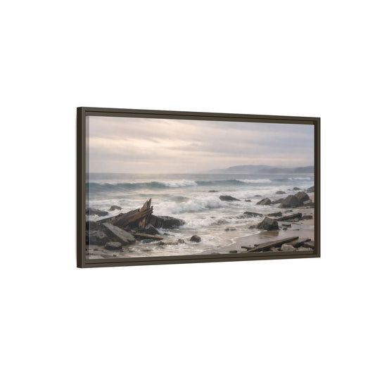 Landscape Nature Coastal Wreckage Misty Scene - Framed Canvas Wall Art Print - YesArtYes