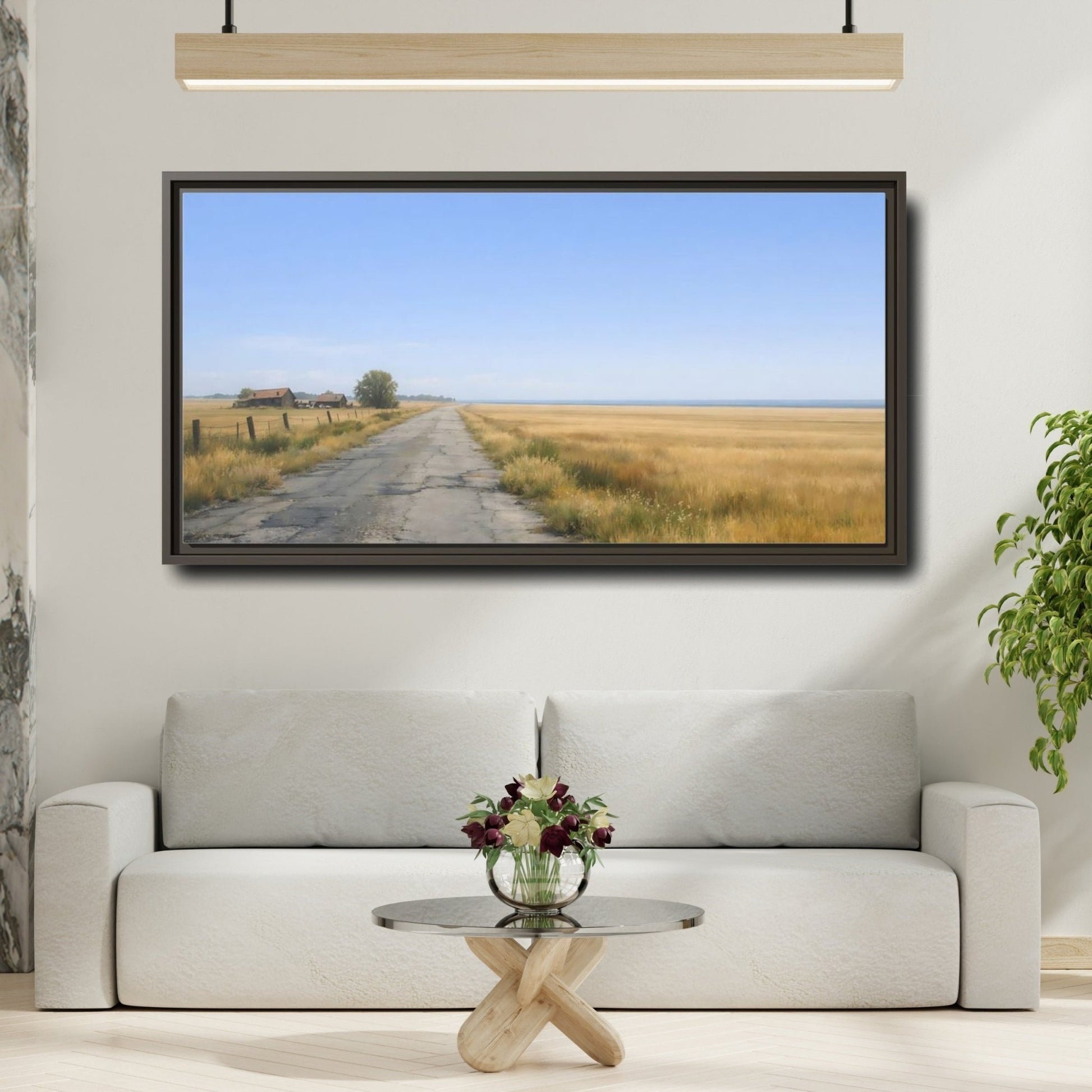 Landscape Nature Country Road Golden Fields - Framed Canvas Wall Art Print - YesArtYes