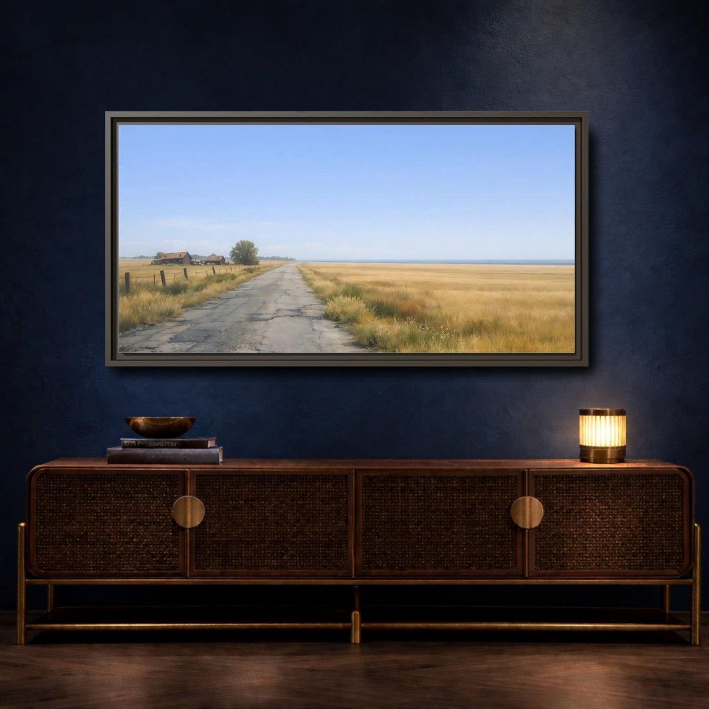 Landscape Nature Country Road Golden Fields - Framed Canvas Wall Art Print - YesArtYes