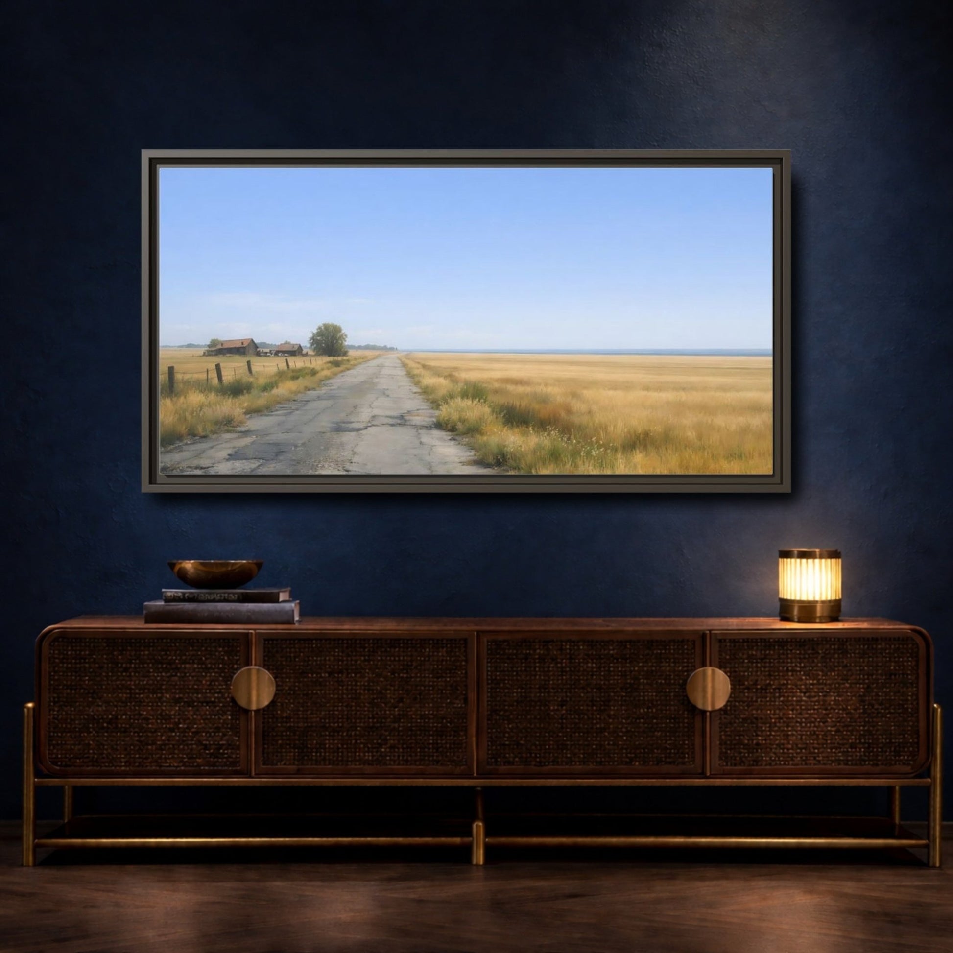 Landscape Nature Country Road Golden Fields - Framed Canvas Wall Art Print - YesArtYes