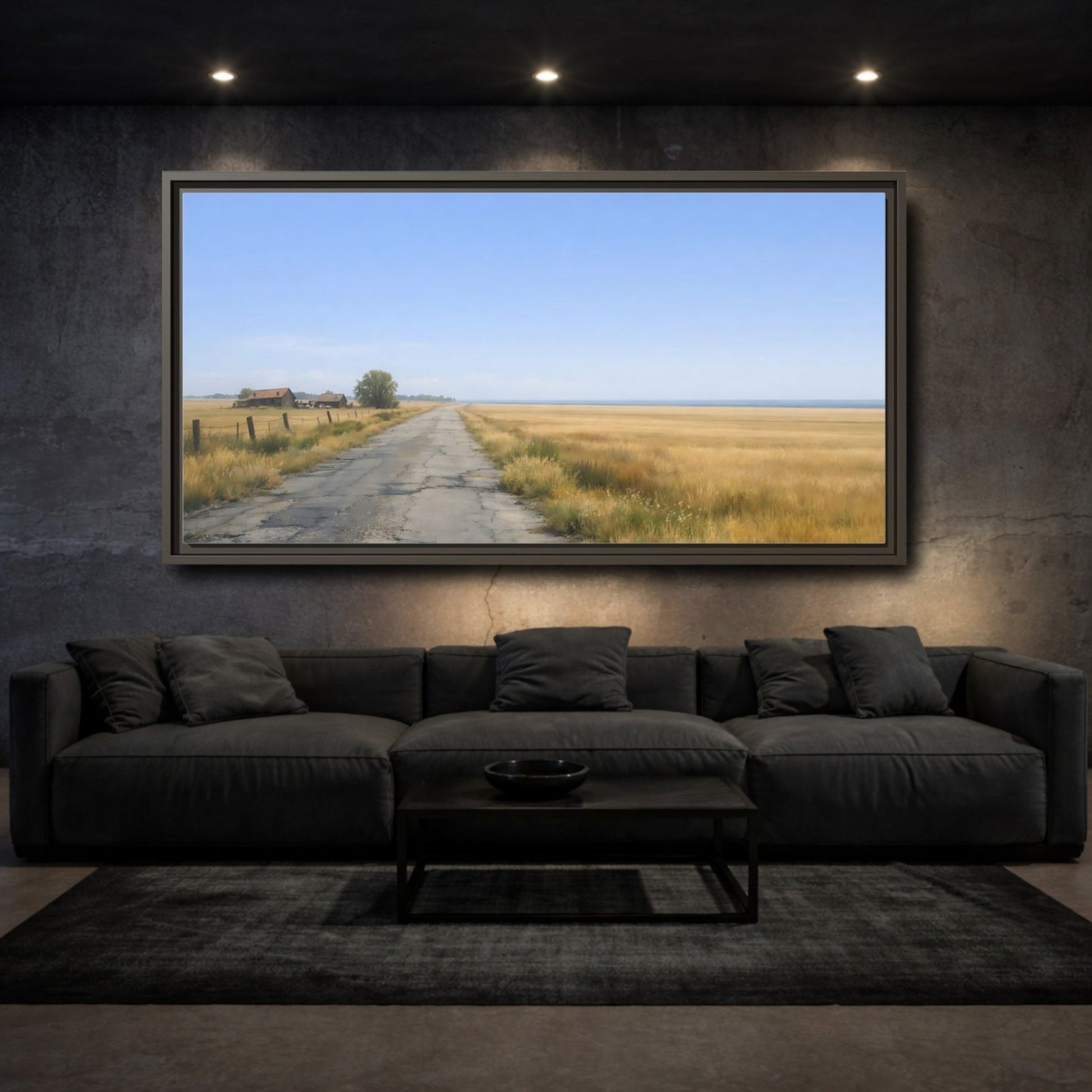 Landscape Nature Country Road Golden Fields - Framed Canvas Wall Art Print - YesArtYes