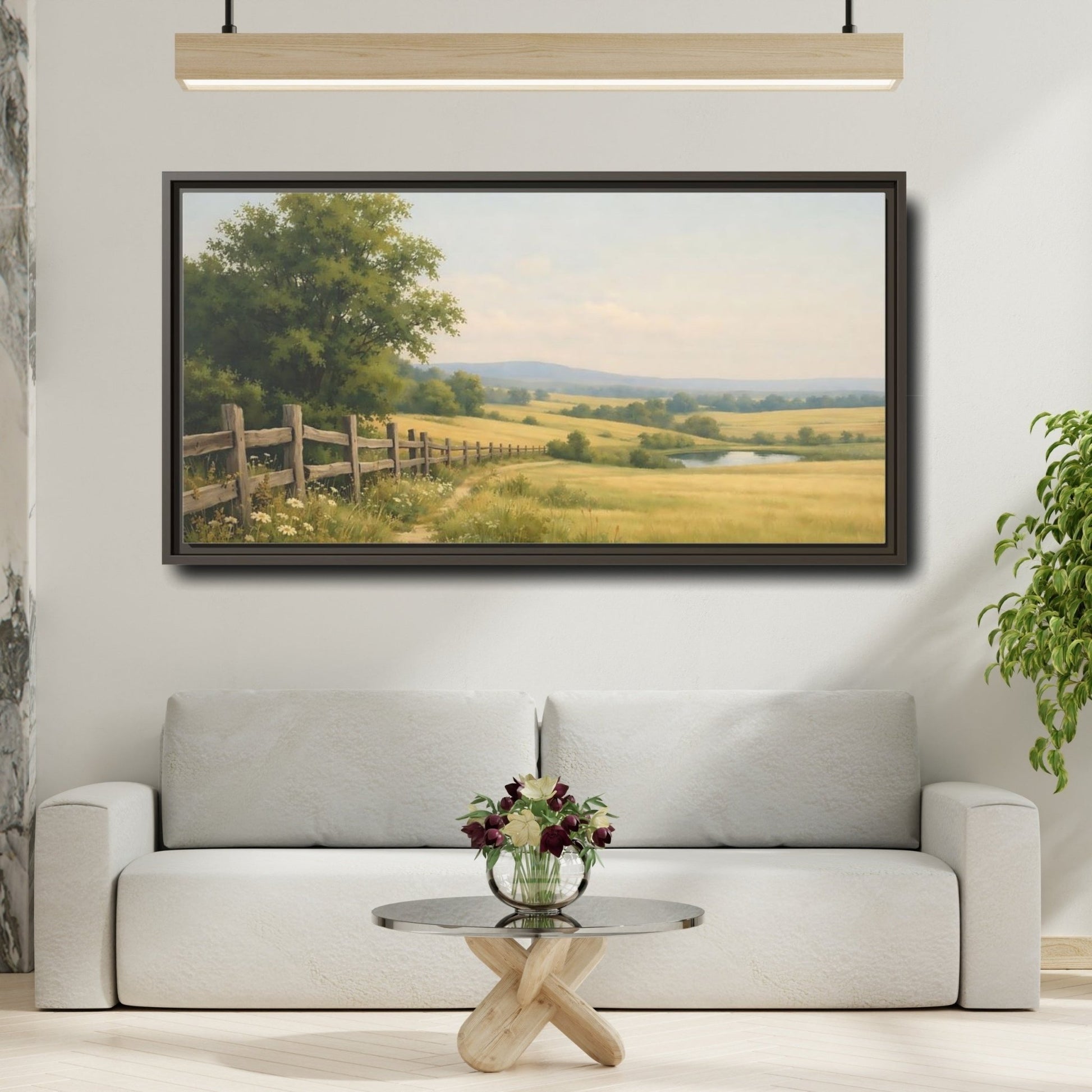 Landscape Nature Countryside Field Green And - Framed Canvas Wall Art Print - YesArtYes