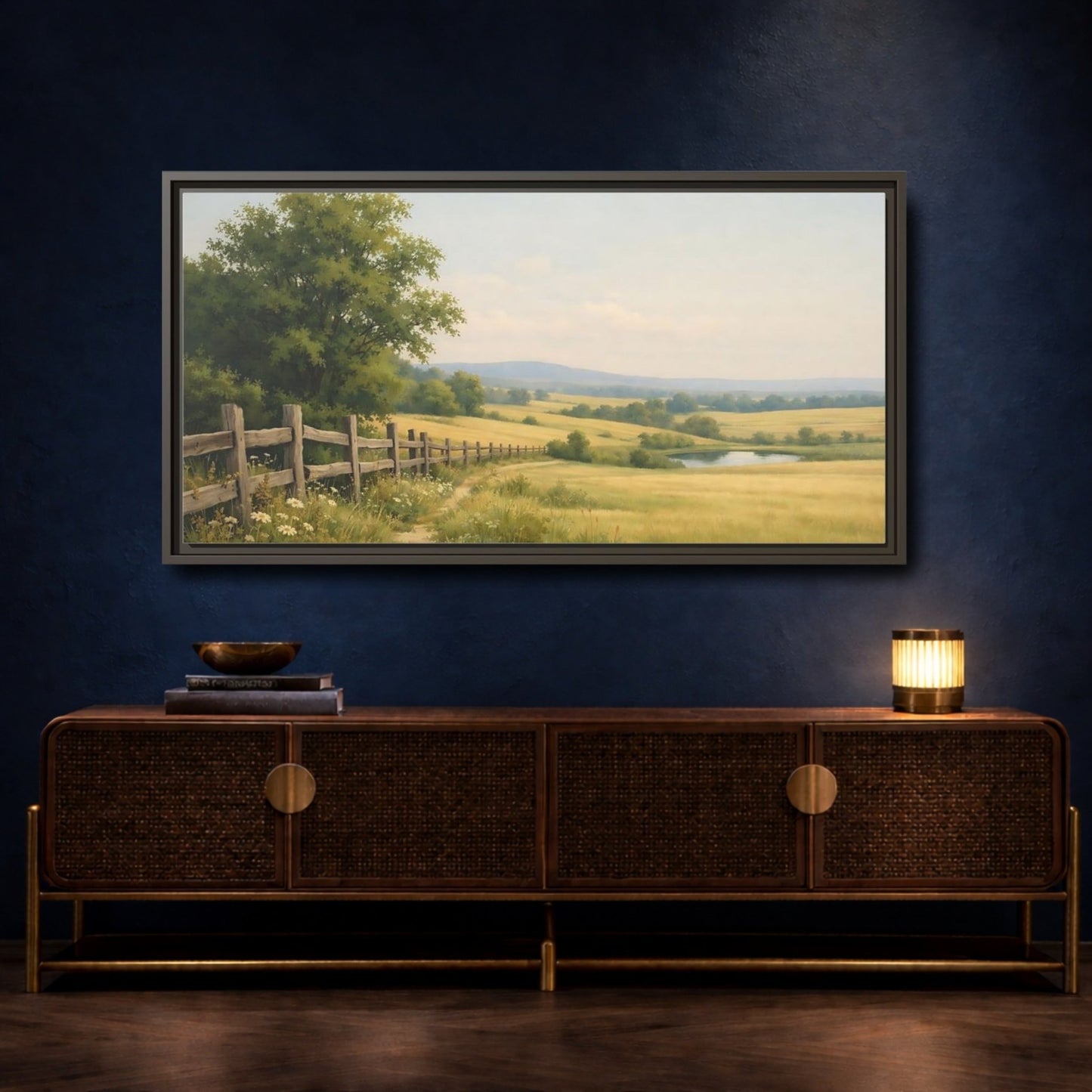 Landscape Nature Countryside Field Green And - Framed Canvas Wall Art Print - YesArtYes