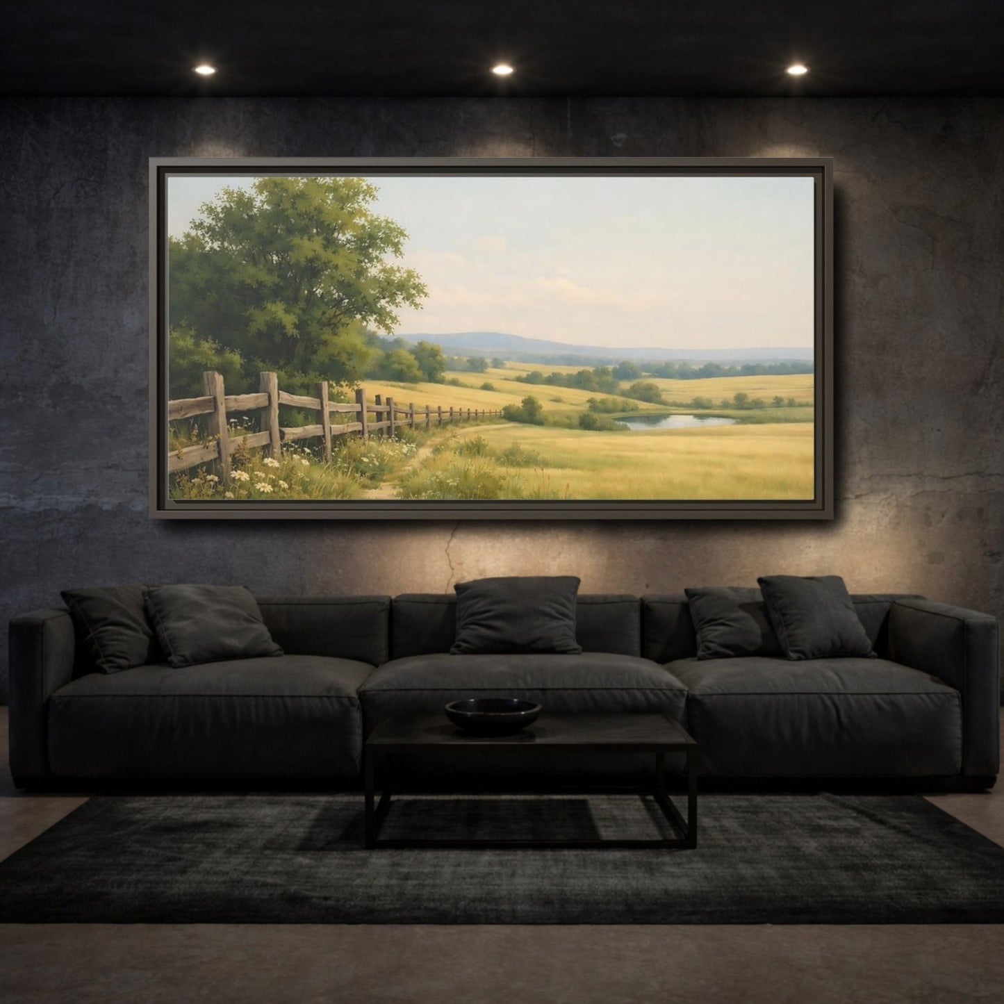 Landscape Nature Countryside Field Green And - Framed Canvas Wall Art Print - YesArtYes