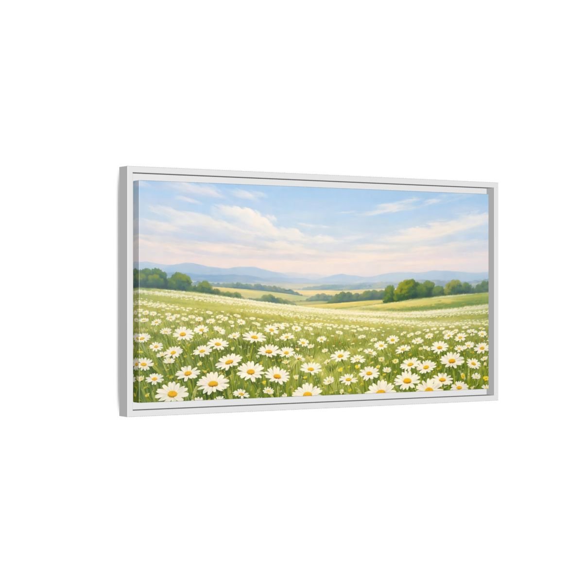 Landscape Nature Daisies White Field - Framed Canvas Wall Art Print - YesArtYes