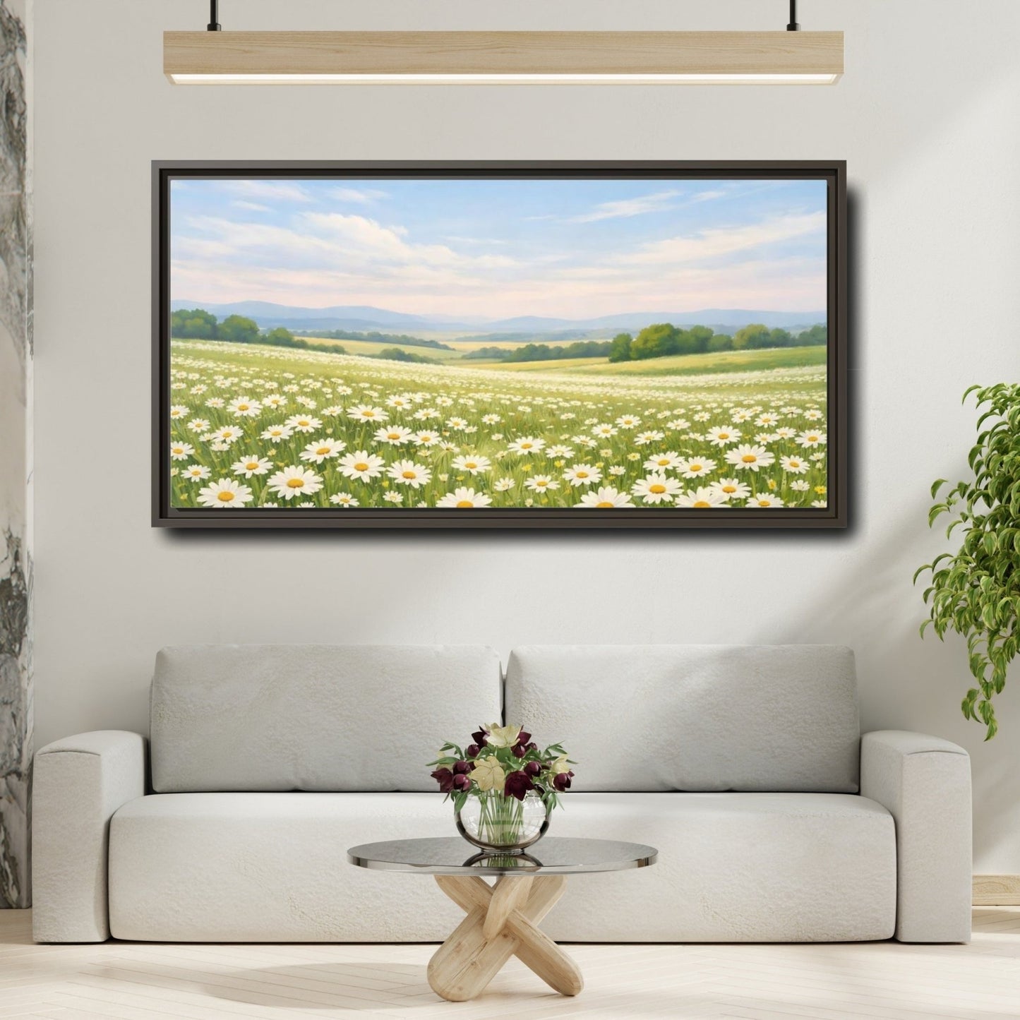 Landscape Nature Daisies White Field - Framed Canvas Wall Art Print - YesArtYes
