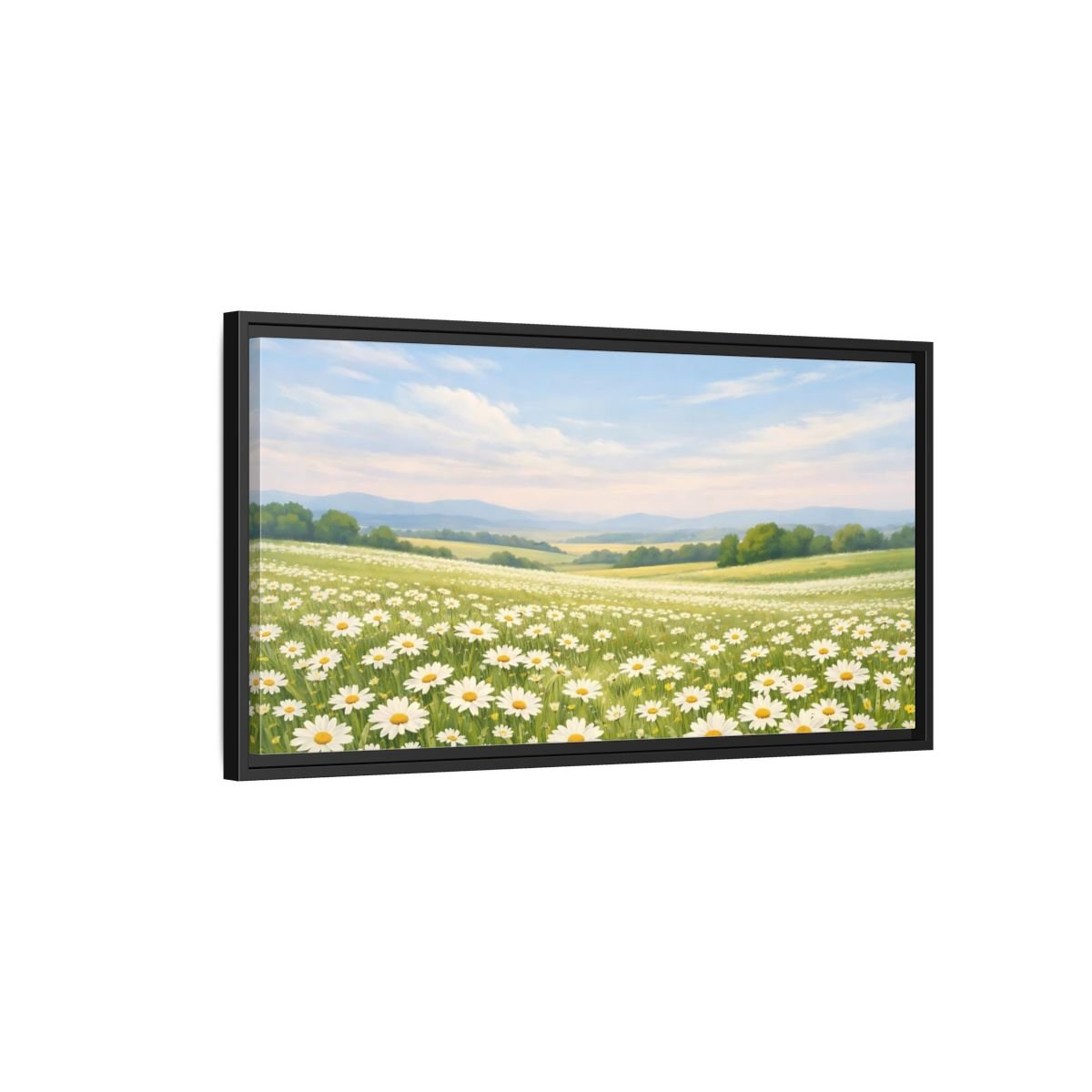 Landscape Nature Daisies White Field - Framed Canvas Wall Art Print - YesArtYes