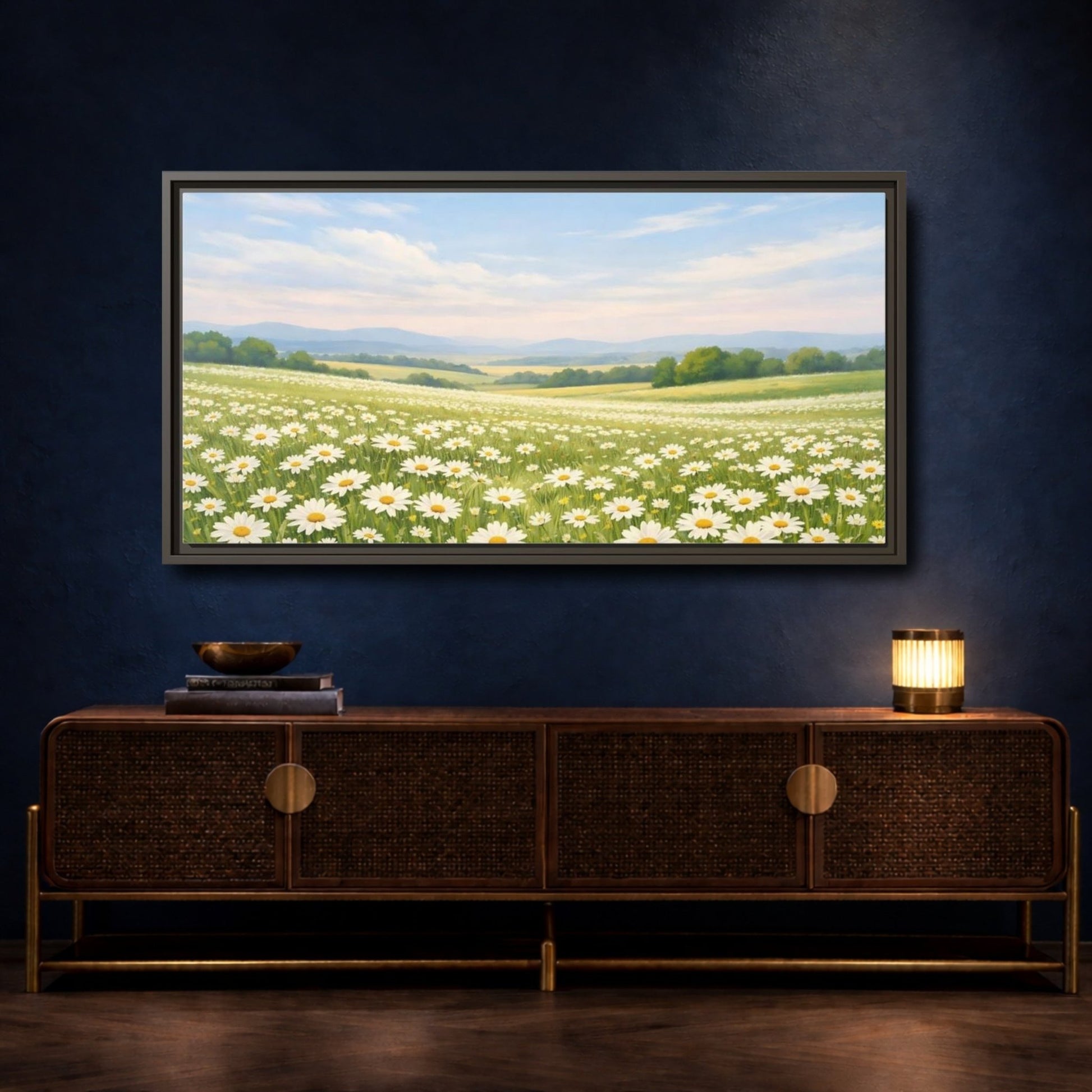 Landscape Nature Daisies White Field - Framed Canvas Wall Art Print - YesArtYes