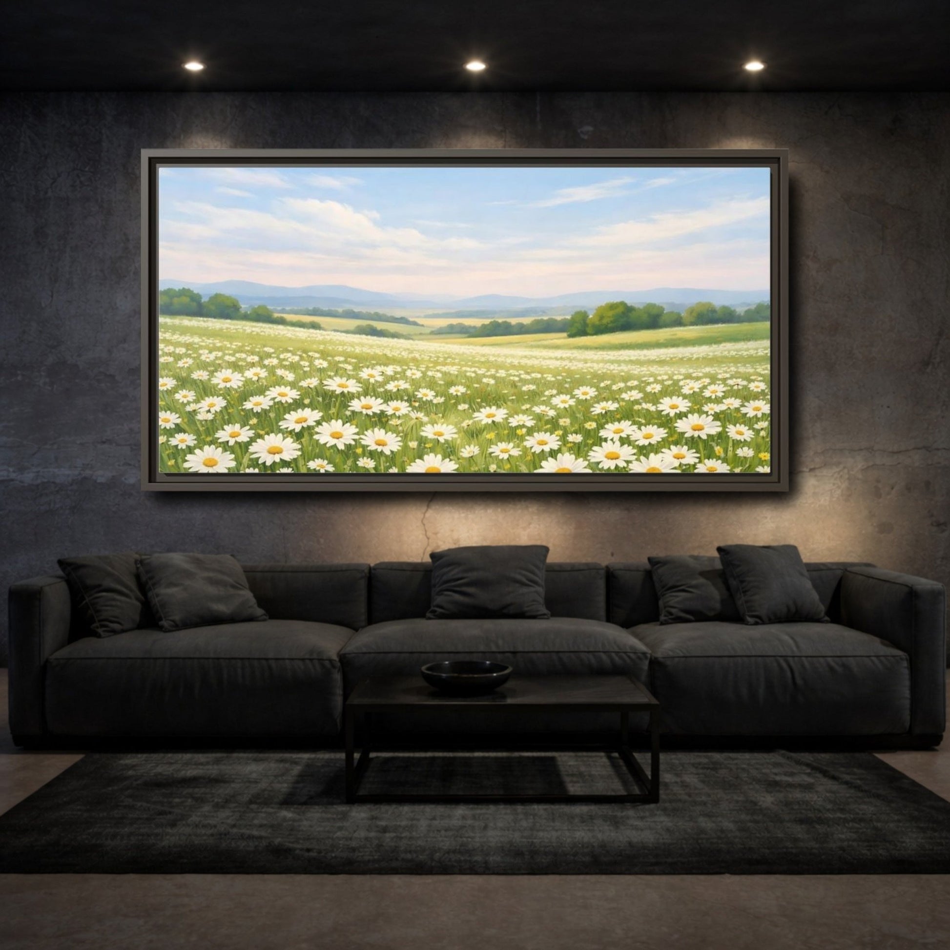 Landscape Nature Daisies White Field - Framed Canvas Wall Art Print - YesArtYes