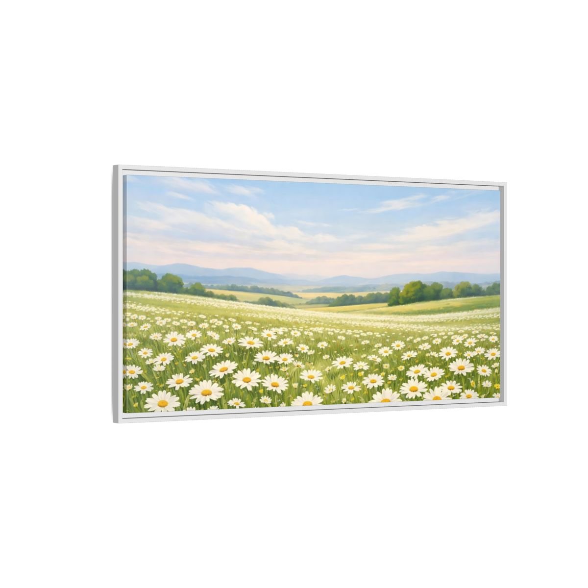 Landscape Nature Daisies White Field - Framed Canvas Wall Art Print - YesArtYes