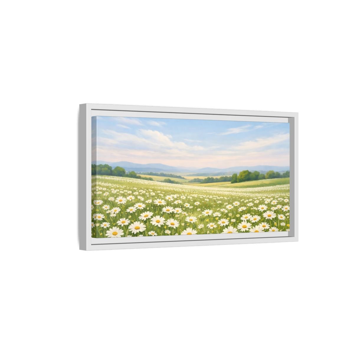 Landscape Nature Daisies White Field - Framed Canvas Wall Art Print - YesArtYes