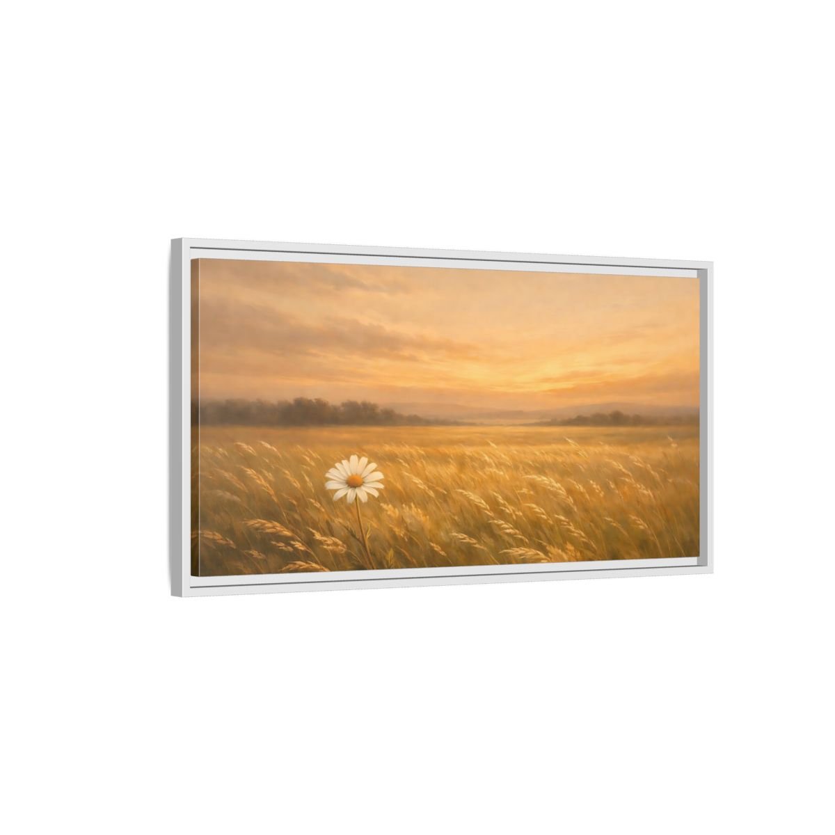 Landscape Nature Daisy Golden Sunset Field - Framed Canvas Wall Art Print - YesArtYes