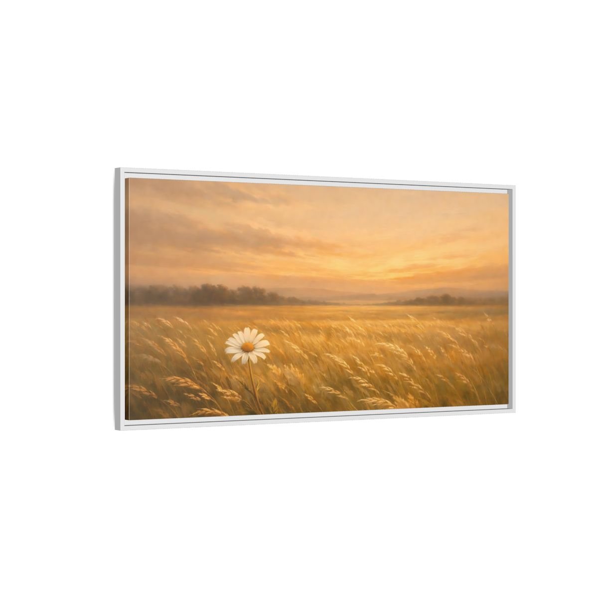 Landscape Nature Daisy Golden Sunset Field - Framed Canvas Wall Art Print - YesArtYes