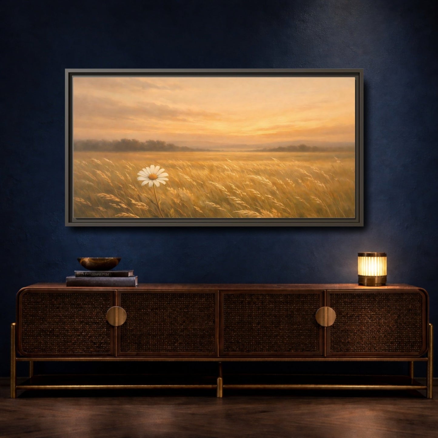 Landscape Nature Daisy Golden Sunset Field - Framed Canvas Wall Art Print - YesArtYes