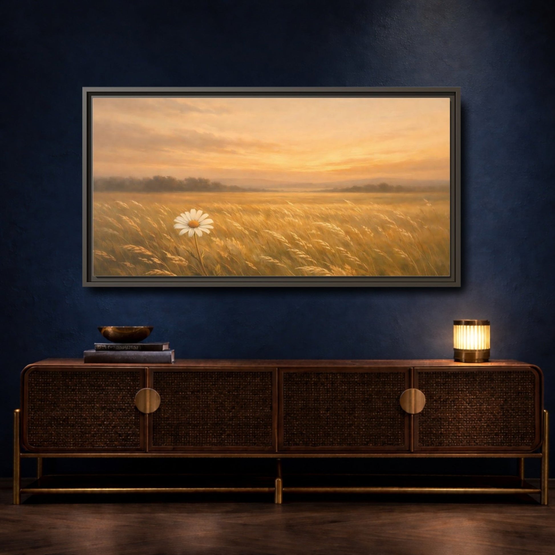 Landscape Nature Daisy Golden Sunset Field - Framed Canvas Wall Art Print - YesArtYes