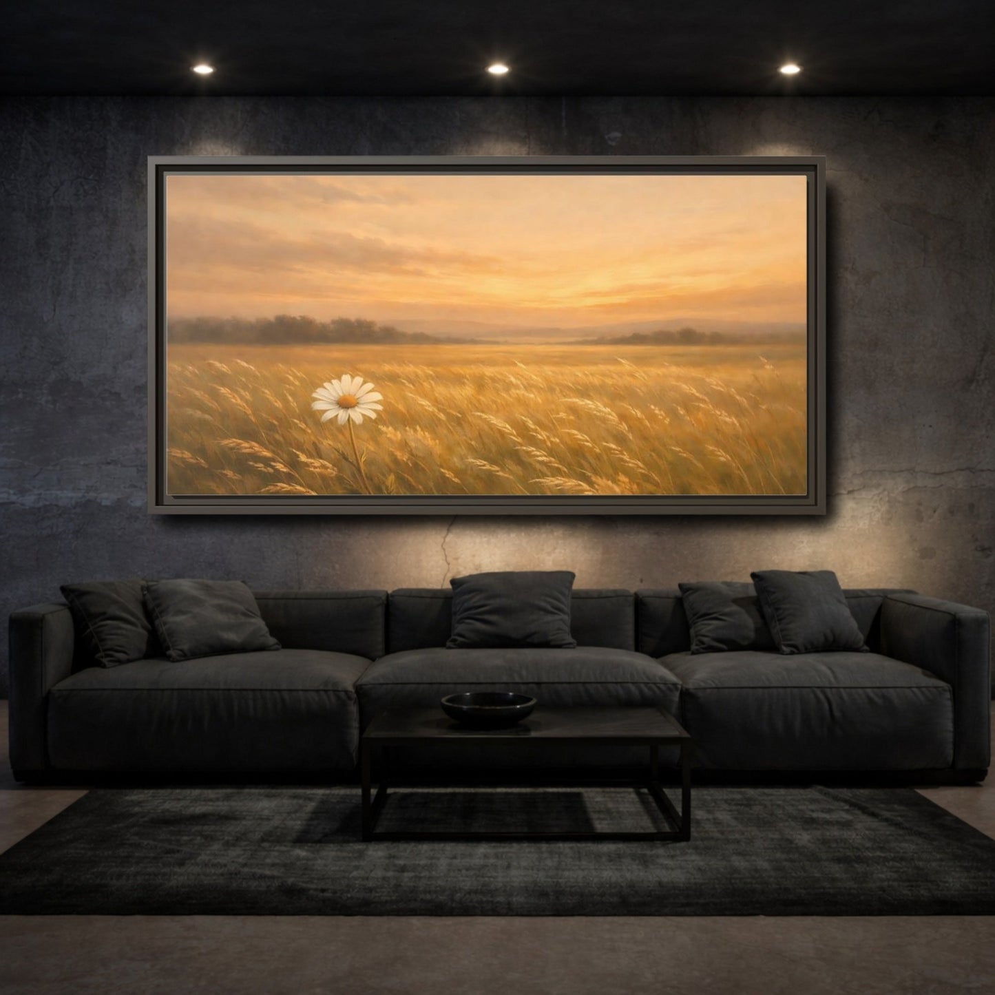 Landscape Nature Daisy Golden Sunset Field - Framed Canvas Wall Art Print - YesArtYes