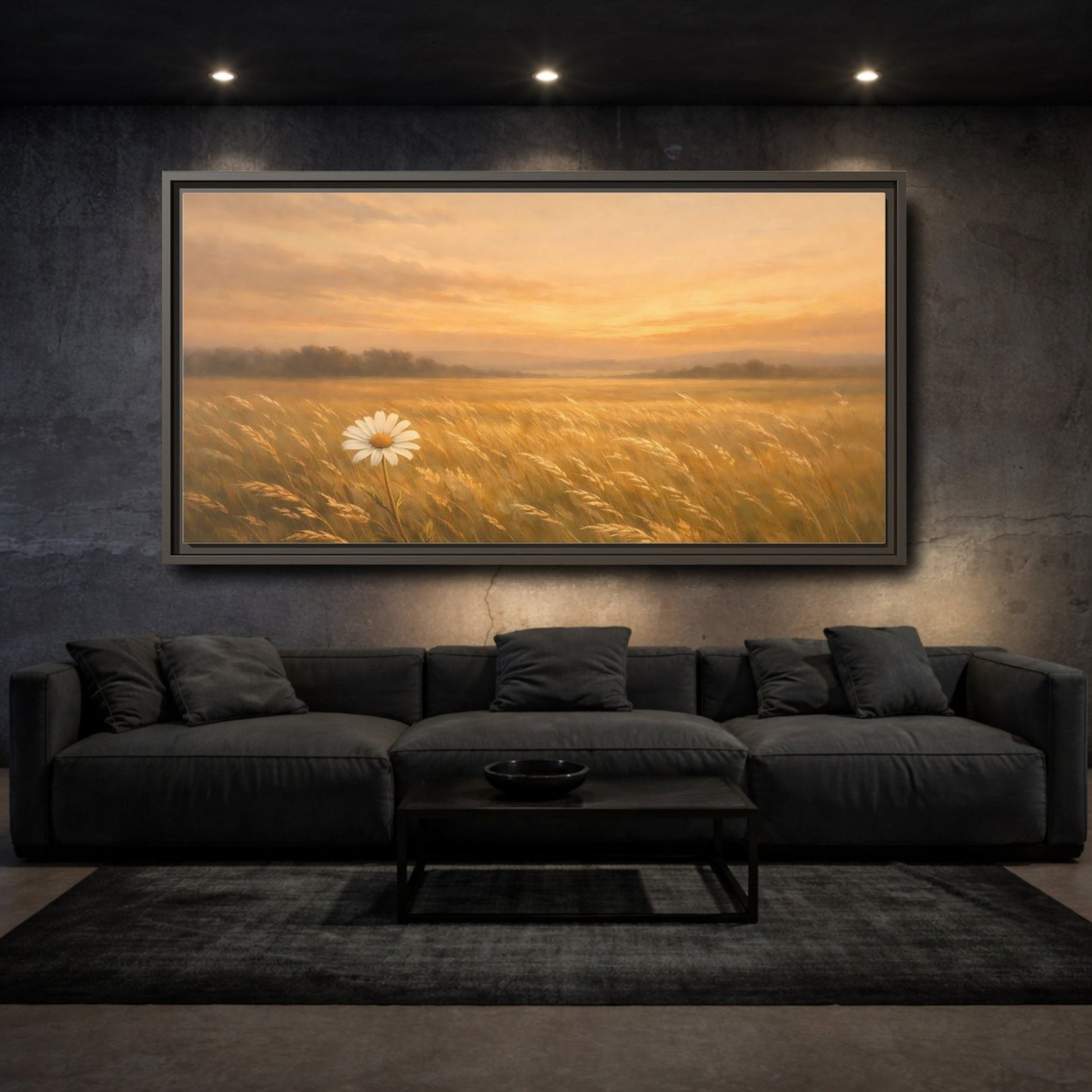 Landscape Nature Daisy Golden Sunset Field - Framed Canvas Wall Art Print - YesArtYes