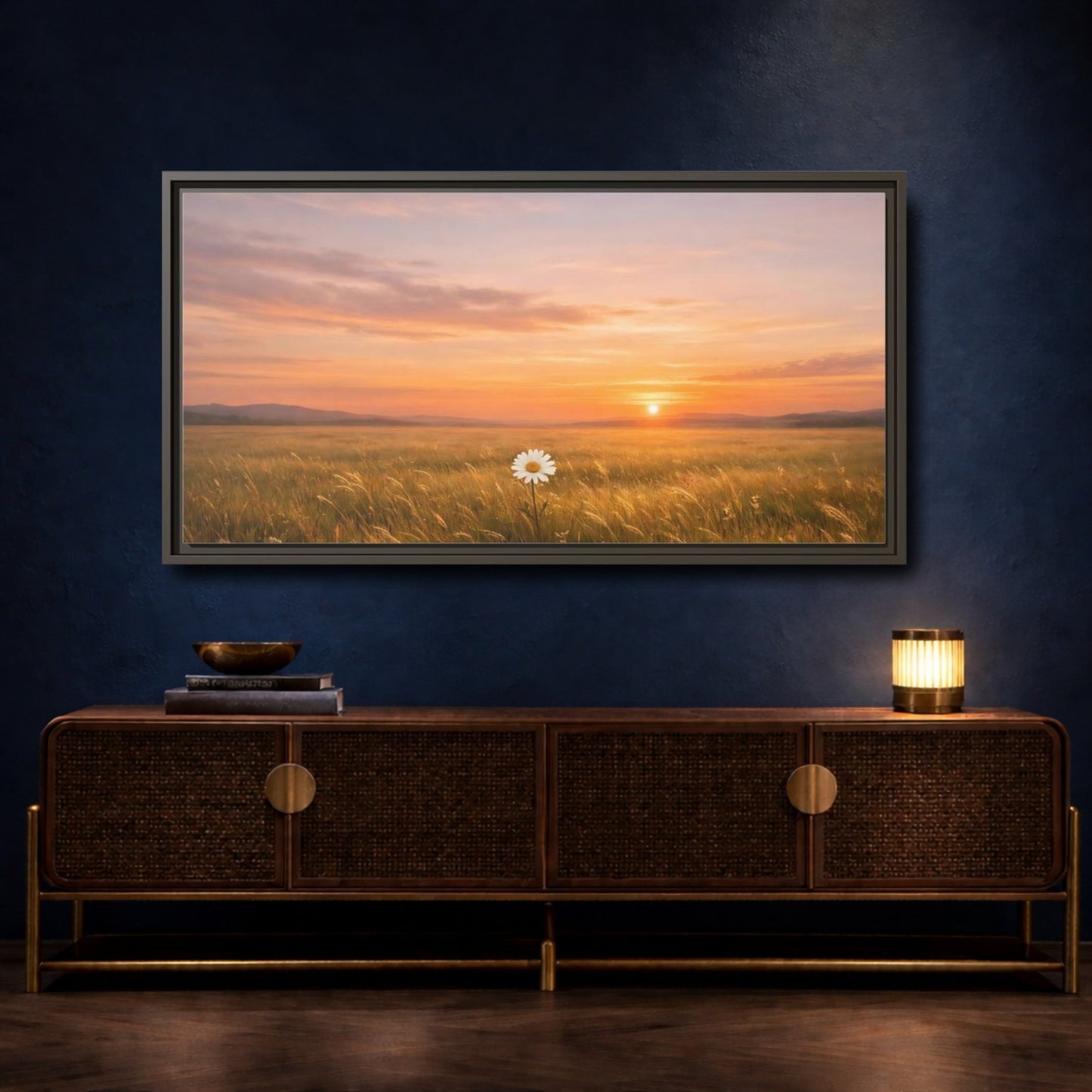 Landscape Nature Daisy Orange And Gold - Framed Canvas Wall Art Print - YesArtYes
