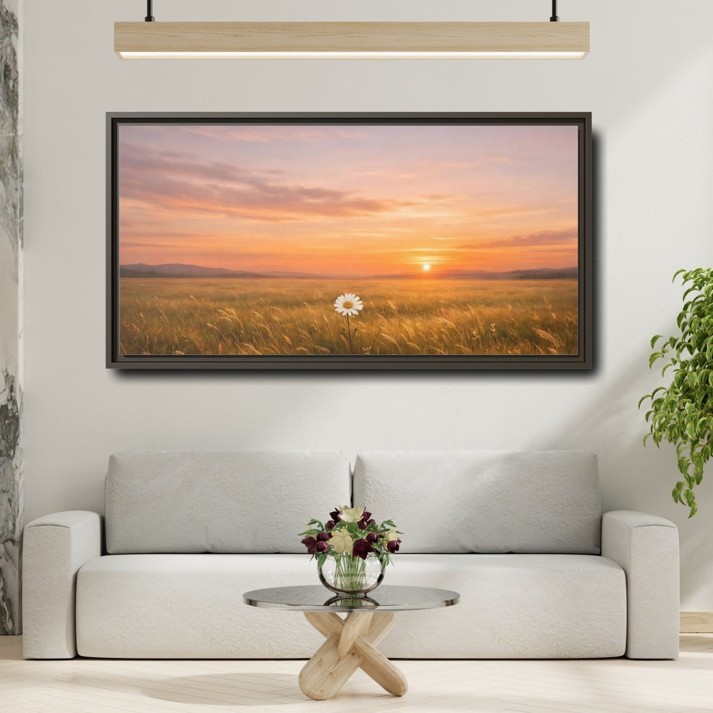 Landscape Nature Daisy Orange And Gold - Framed Canvas Wall Art Print - YesArtYes