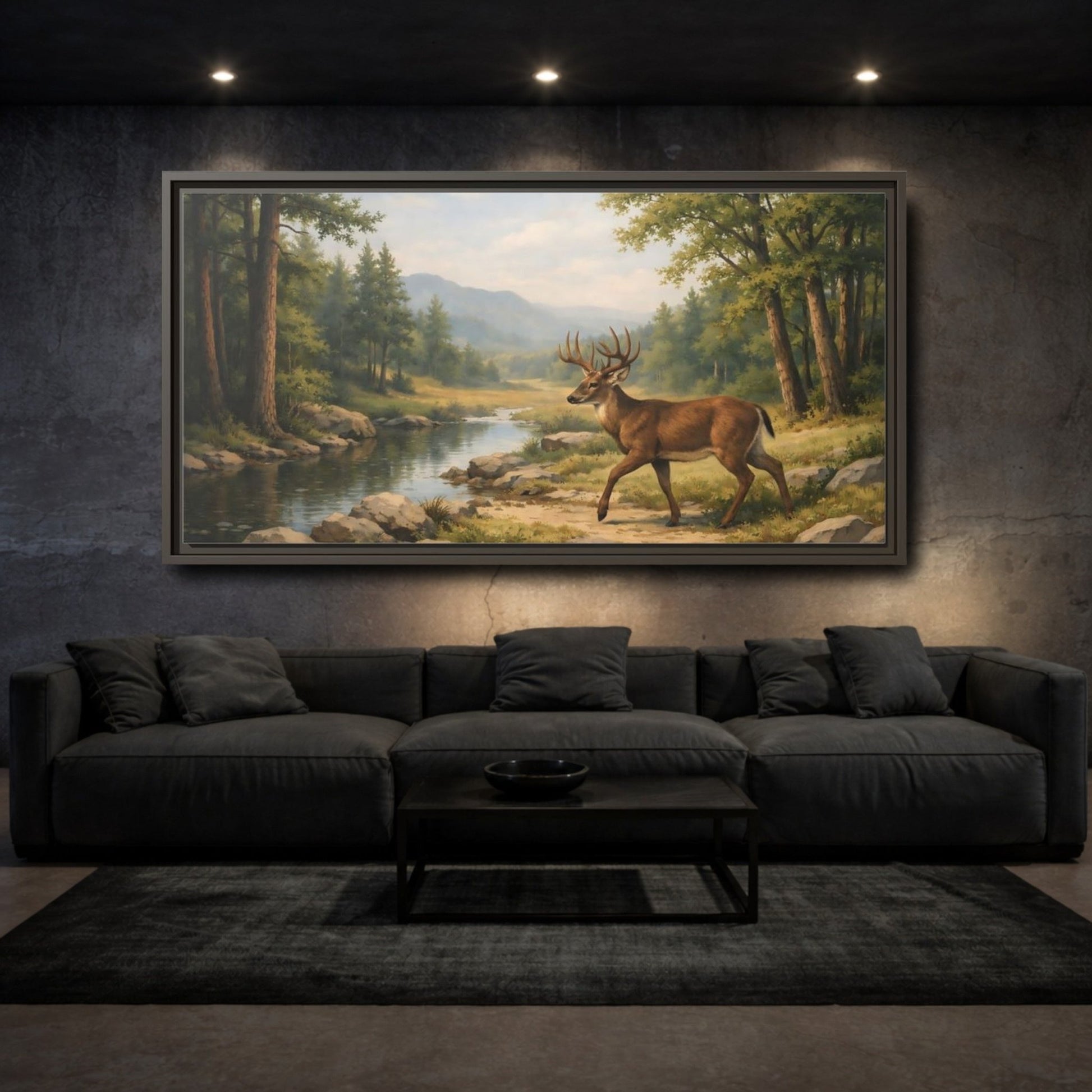 Landscape Nature Deer Brown And Green - Framed Canvas Wall Art Print - YesArtYes