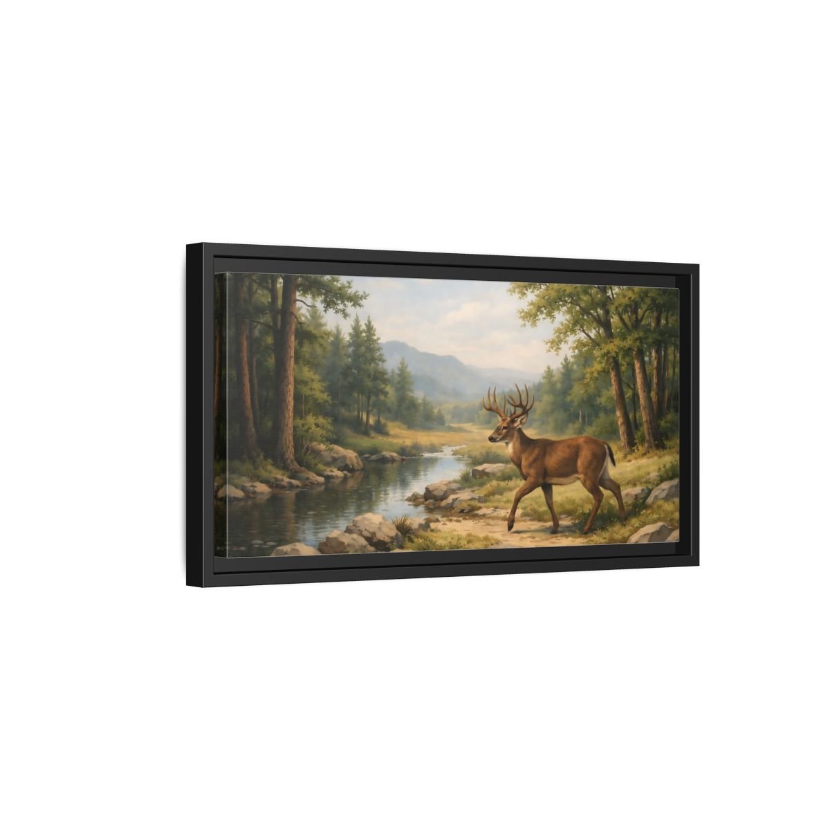 Landscape Nature Deer Brown And Green - Framed Canvas Wall Art Print - YesArtYes
