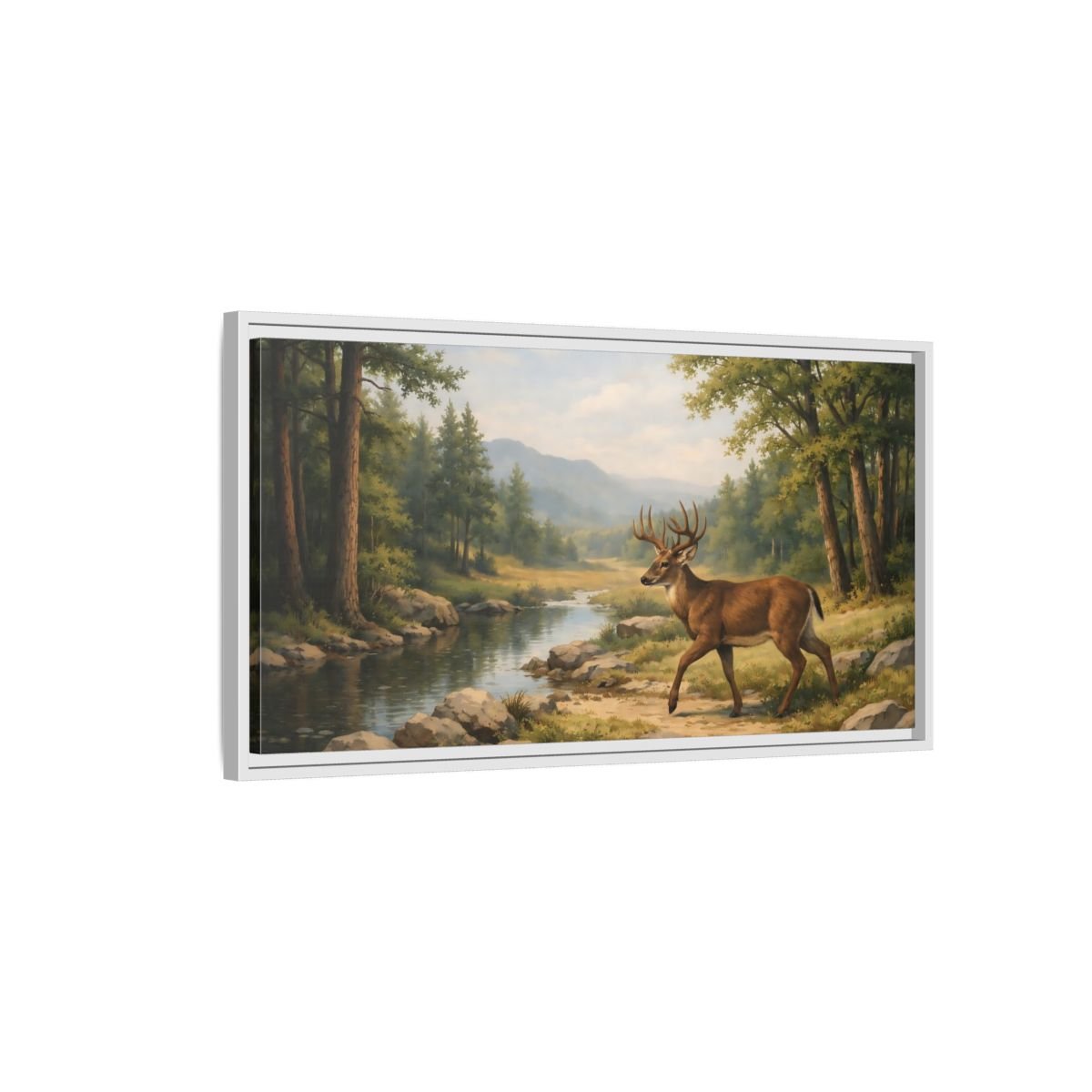 Landscape Nature Deer Brown And Green - Framed Canvas Wall Art Print - YesArtYes