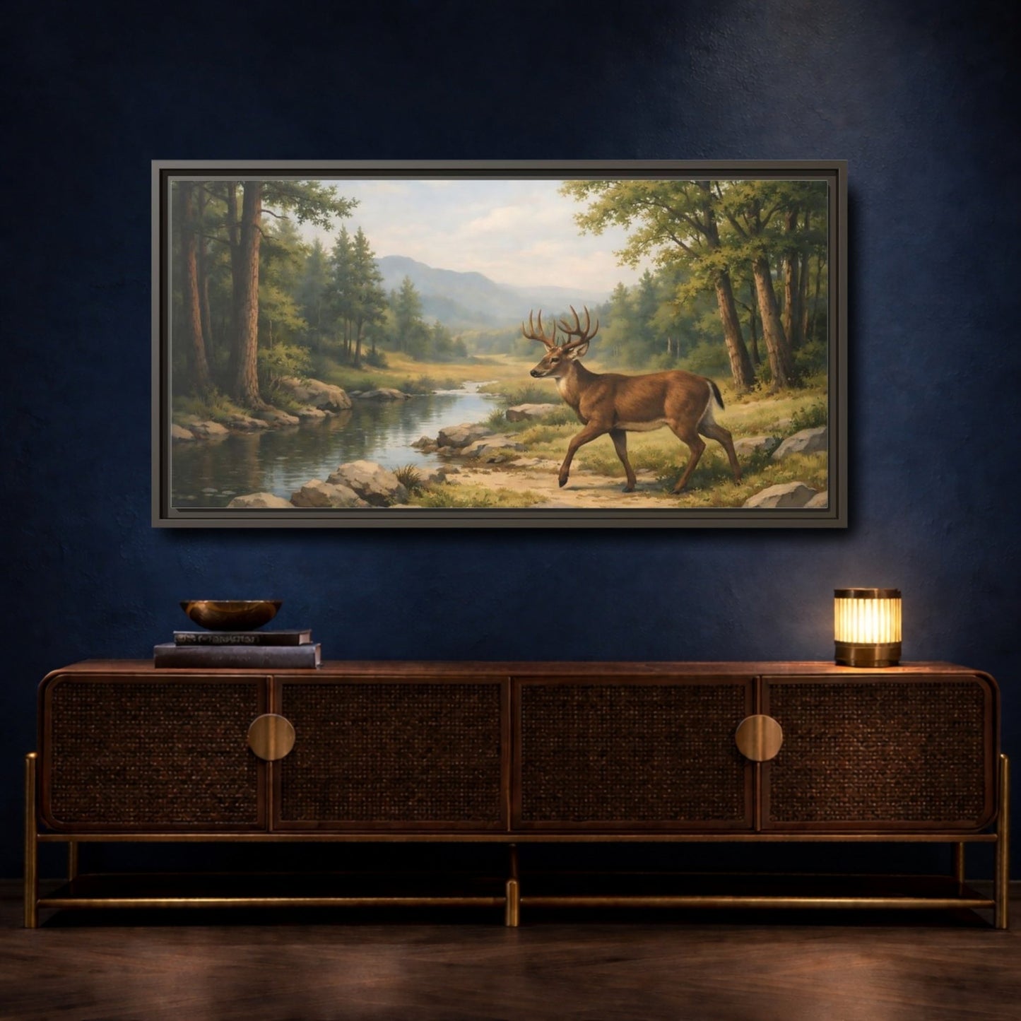 Landscape Nature Deer Brown And Green - Framed Canvas Wall Art Print - YesArtYes