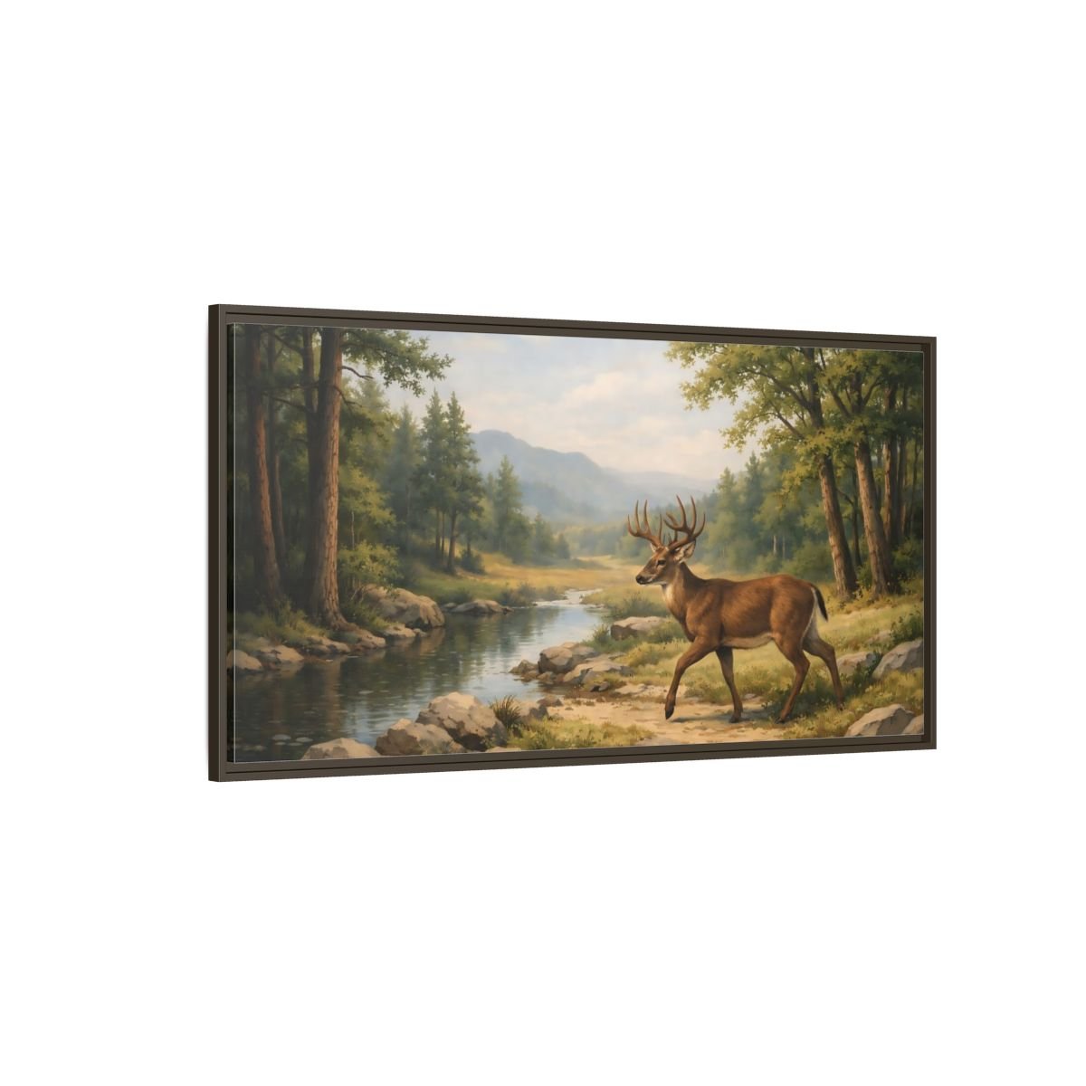 Landscape Nature Deer Brown And Green - Framed Canvas Wall Art Print - YesArtYes