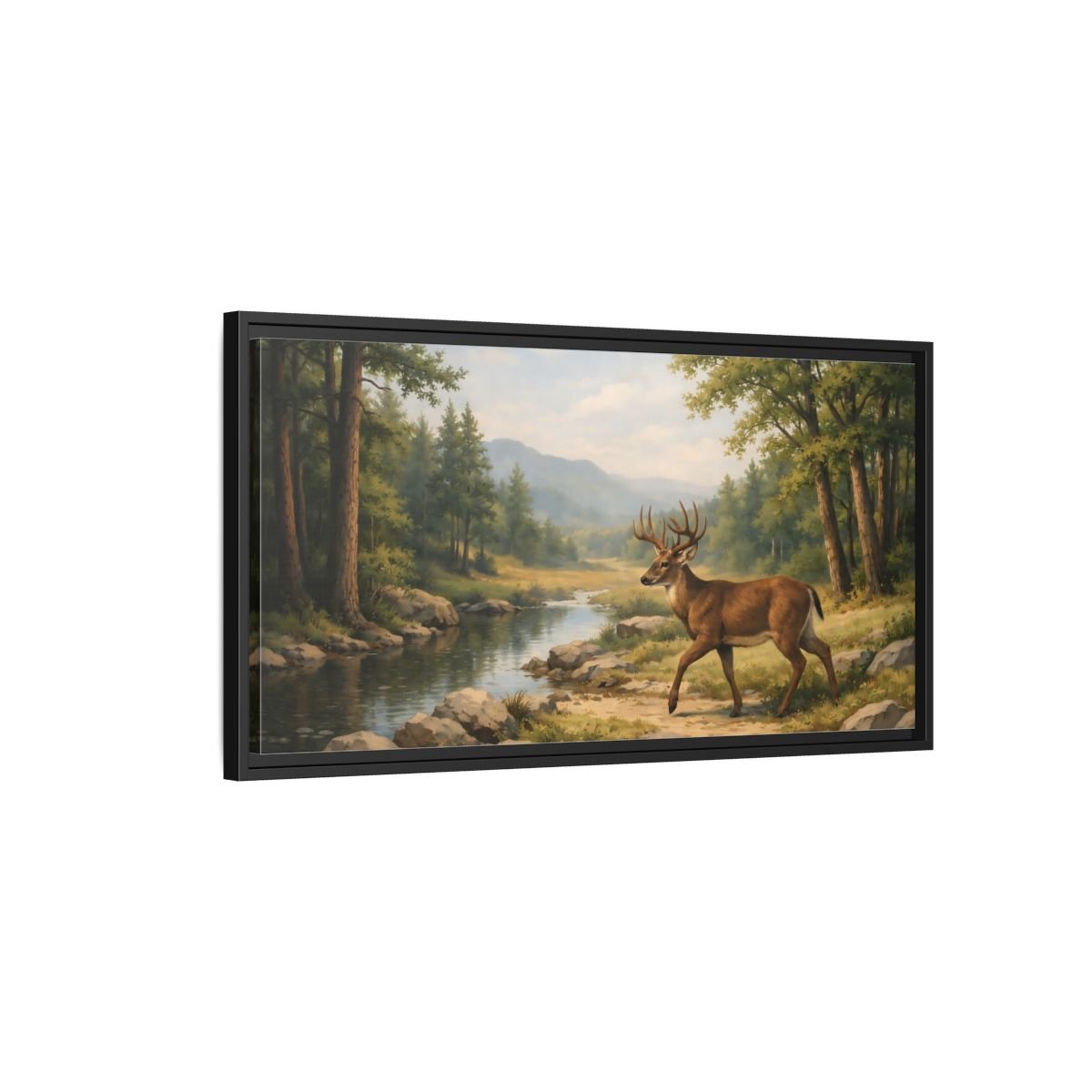 Landscape Nature Deer Brown And Green - Framed Canvas Wall Art Print - YesArtYes