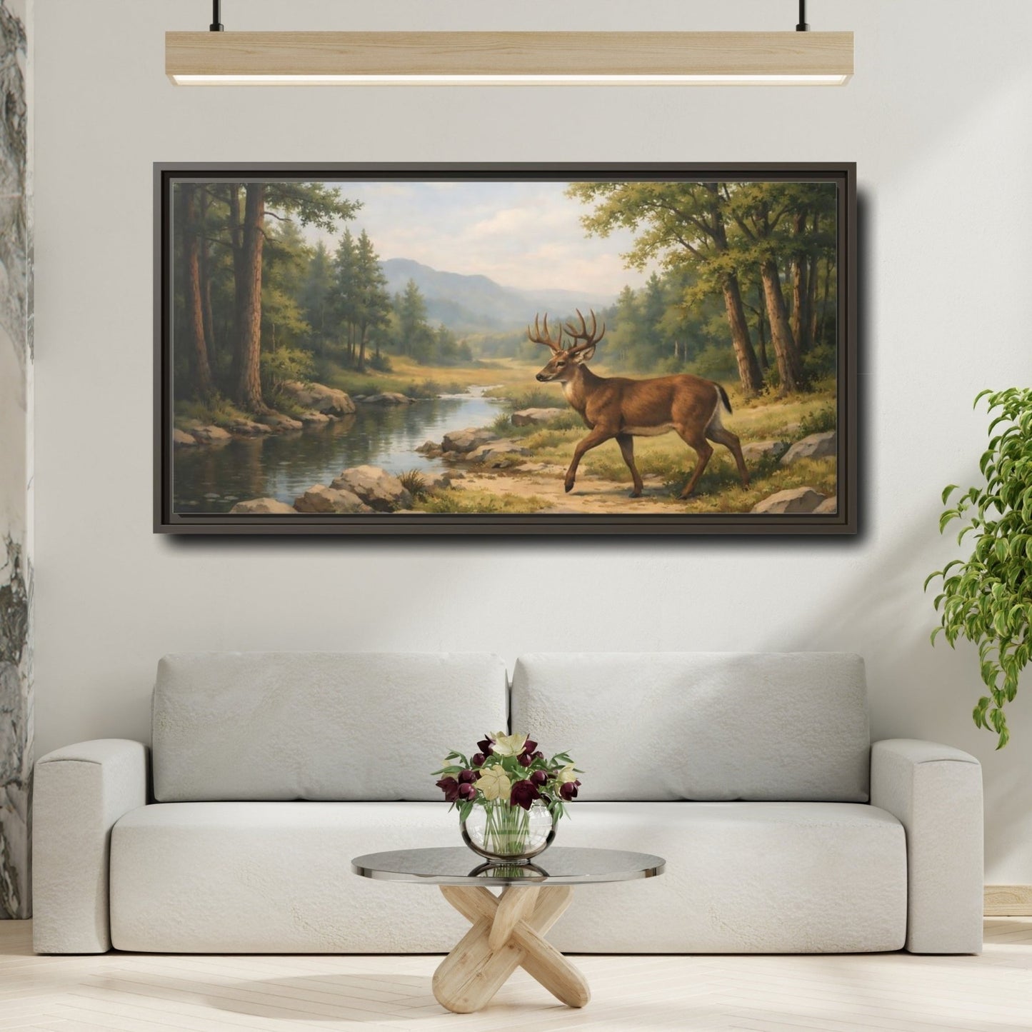 Landscape Nature Deer Brown And Green - Framed Canvas Wall Art Print - YesArtYes