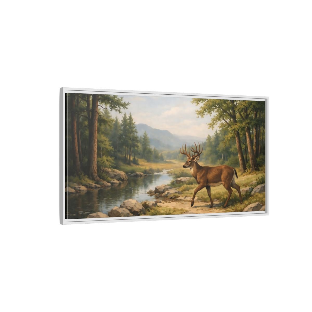 Landscape Nature Deer Brown And Green - Framed Canvas Wall Art Print - YesArtYes