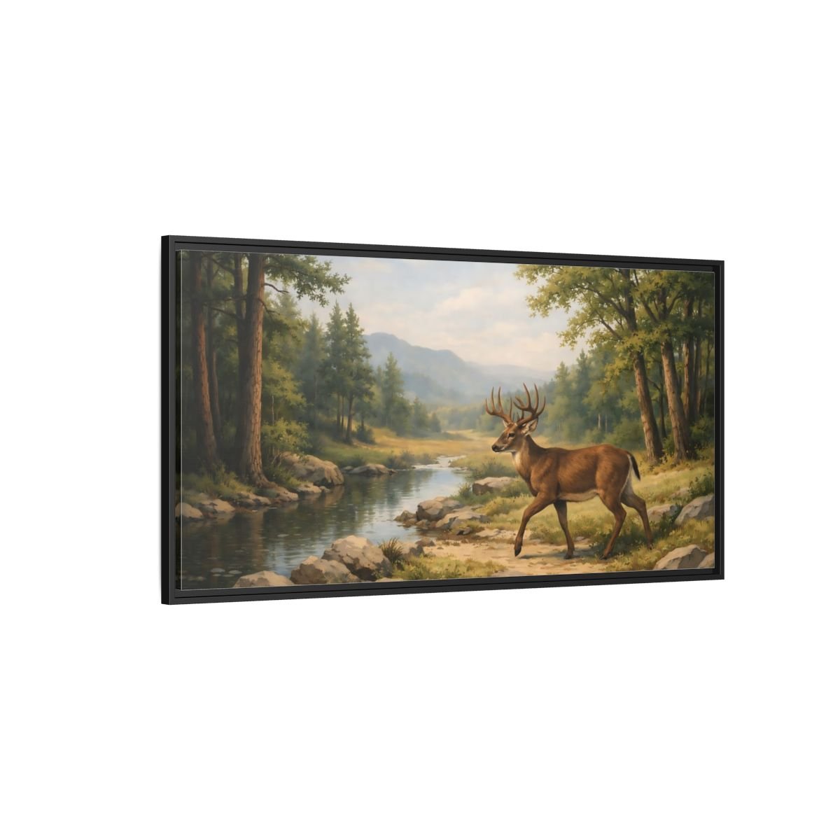 Landscape Nature Deer Brown And Green - Framed Canvas Wall Art Print - YesArtYes