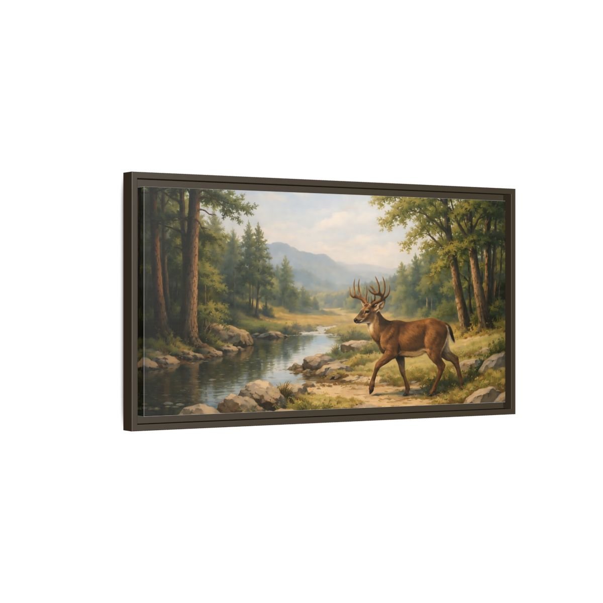 Landscape Nature Deer Brown And Green - Framed Canvas Wall Art Print - YesArtYes
