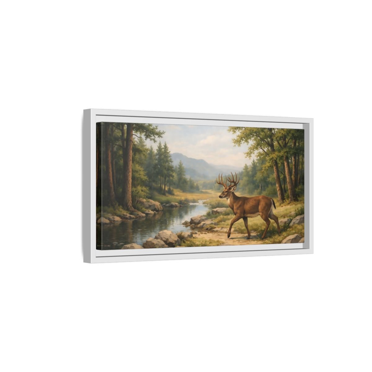 Landscape Nature Deer Brown And Green - Framed Canvas Wall Art Print - YesArtYes