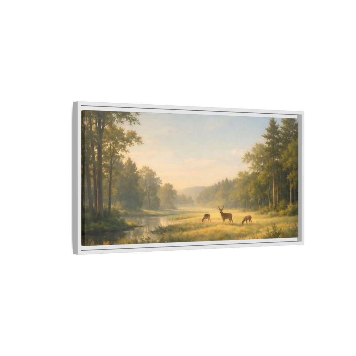 Landscape Nature Deer Golden Meadow - Framed Canvas Wall Art Print - YesArtYes