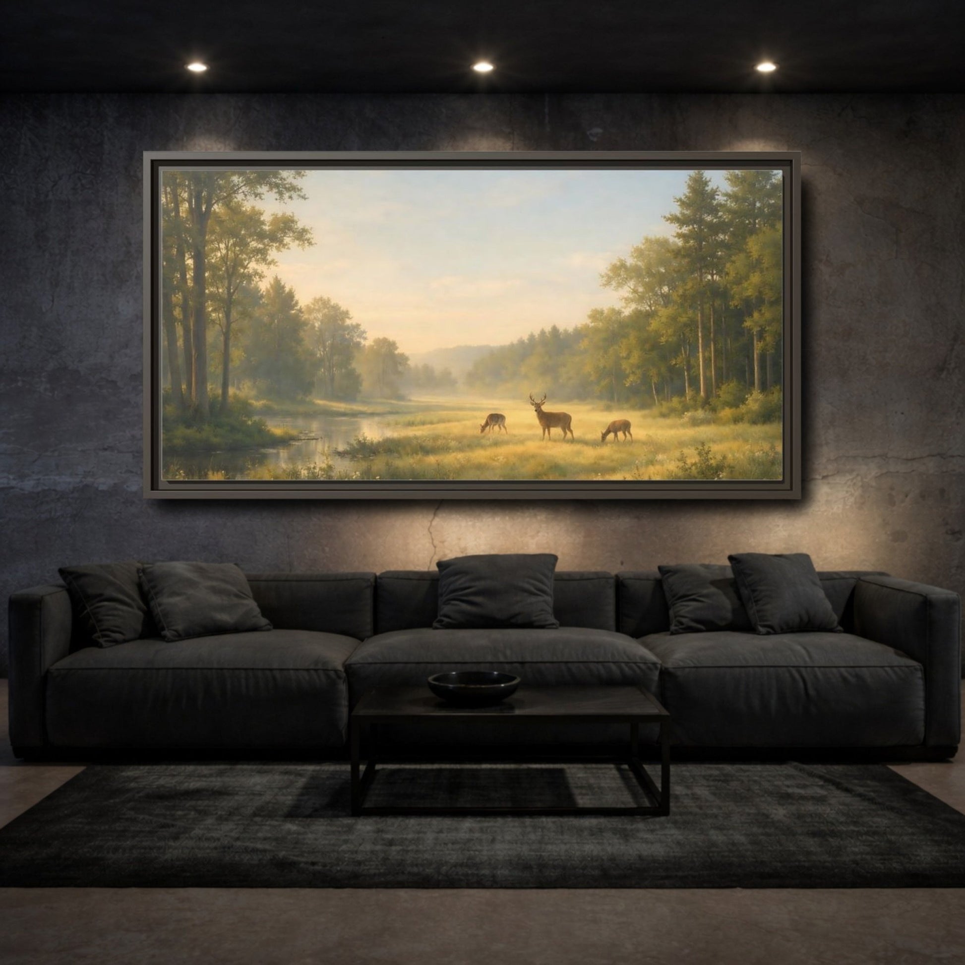 Landscape Nature Deer Golden Meadow - Framed Canvas Wall Art Print - YesArtYes