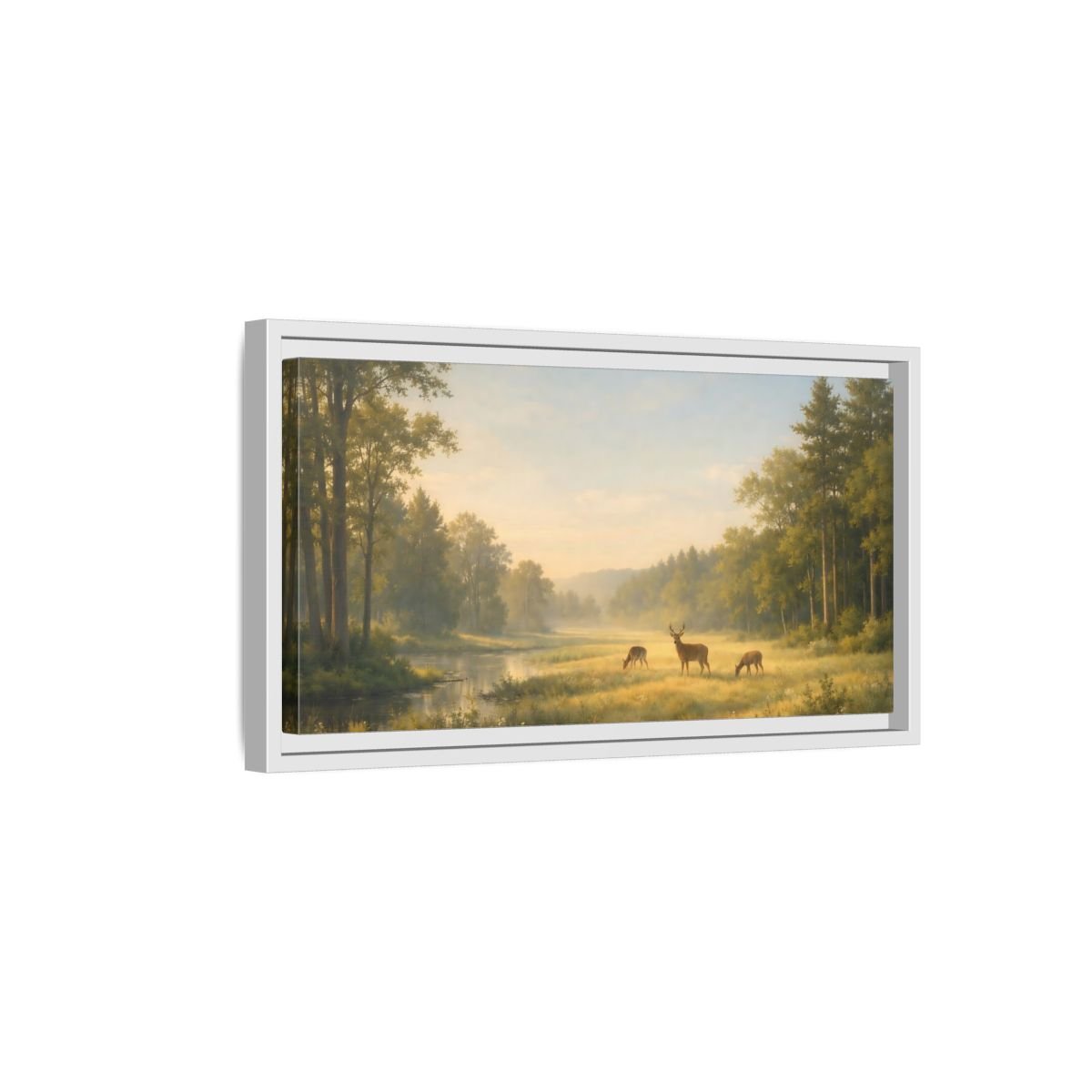 Landscape Nature Deer Golden Meadow - Framed Canvas Wall Art Print - YesArtYes