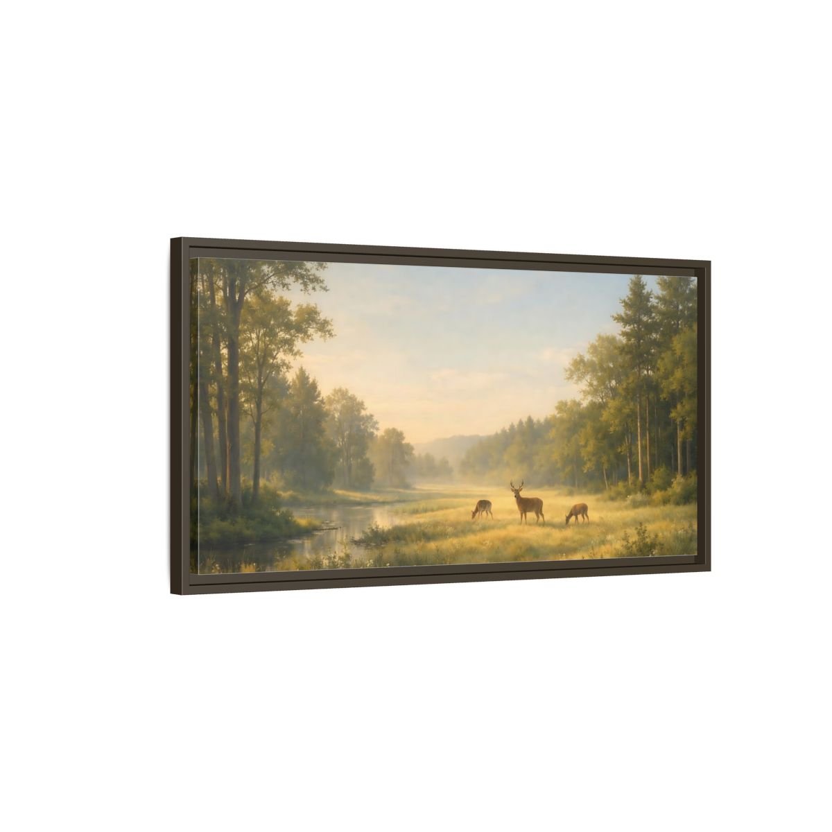 Landscape Nature Deer Golden Meadow - Framed Canvas Wall Art Print - YesArtYes