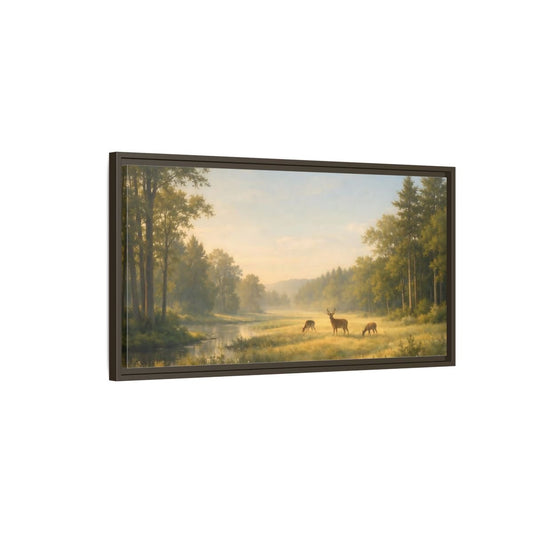 Landscape Nature Deer Golden Meadow - Framed Canvas Wall Art Print - YesArtYes